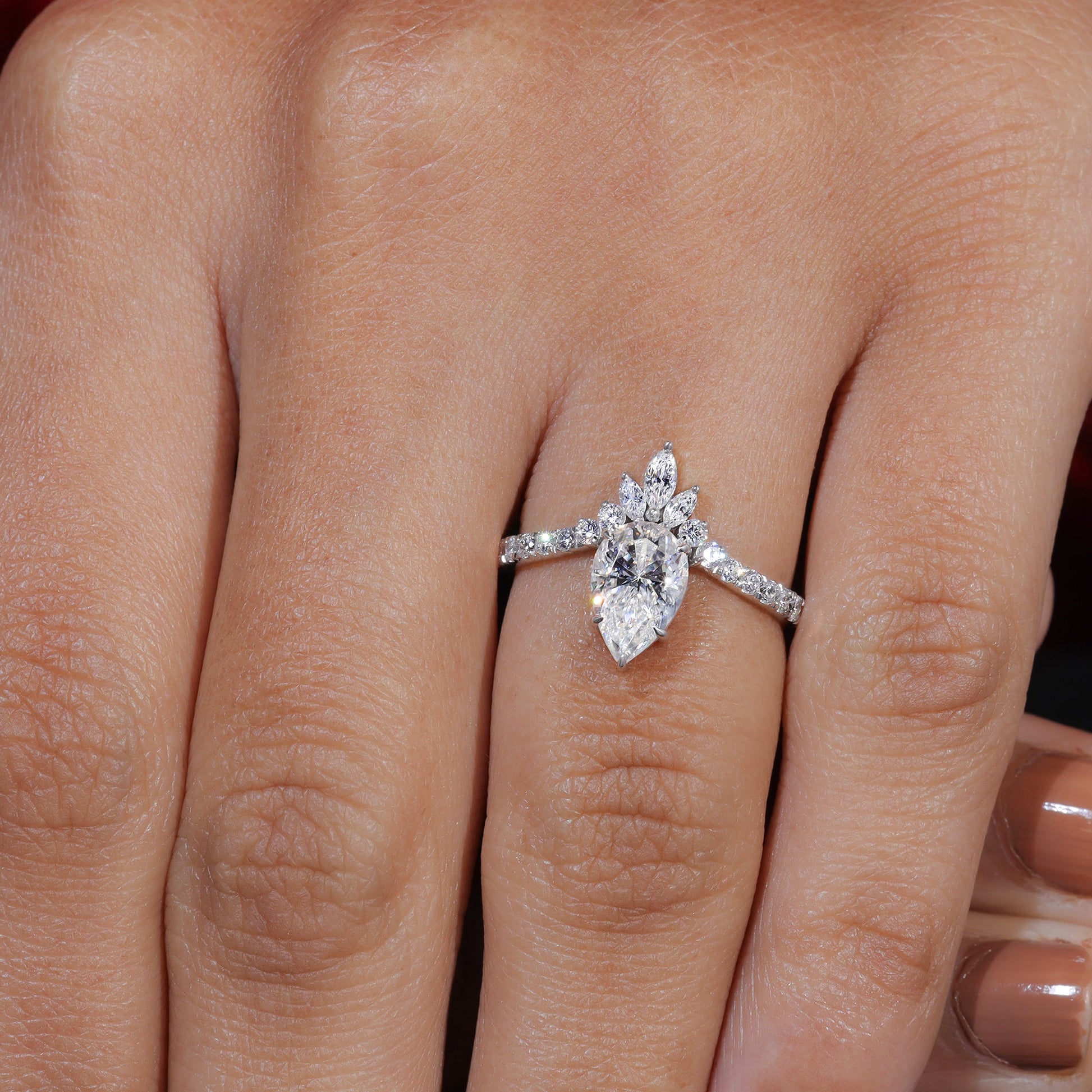 Pear Cut Moissanite Chevron Pave Engagement Ring