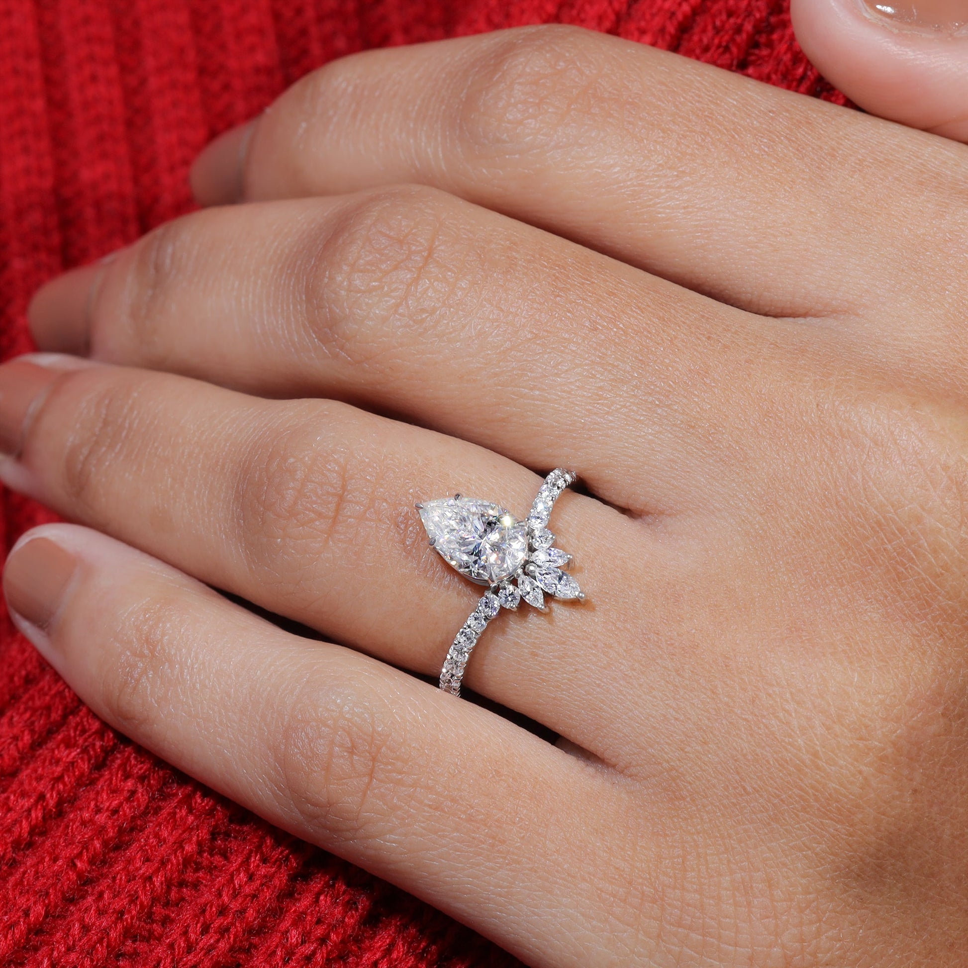 Pear Cut Moissanite Chevron Pave Engagement Ring