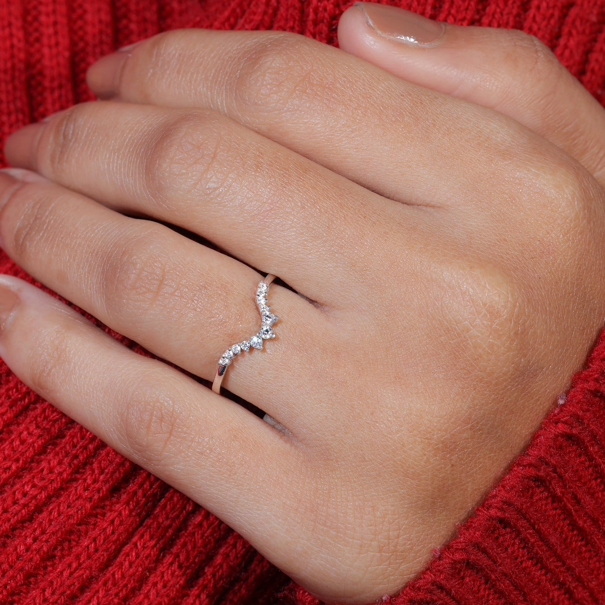 Round Moissanite Chevron Stackable Wedding Band