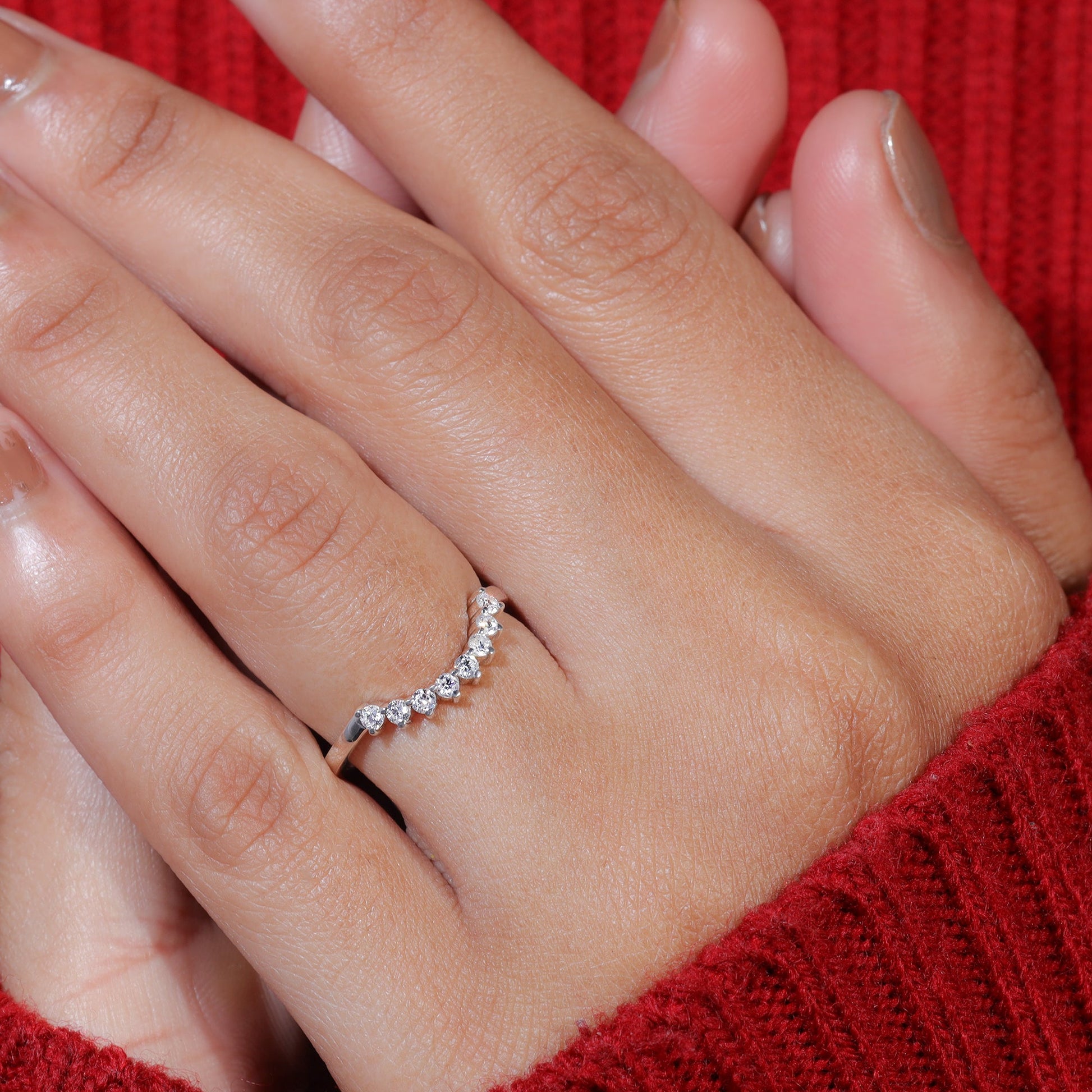 Round Moissanite Set Half Round Shape Curved Wedding Band