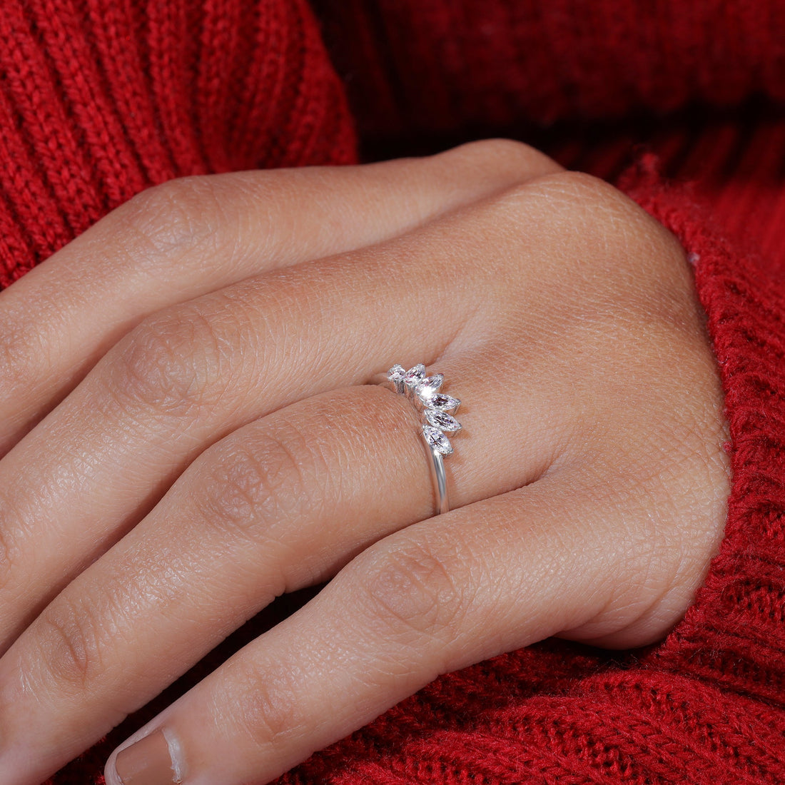 Marquise Cut Moissanite Set Curved Stackable Wedding Band