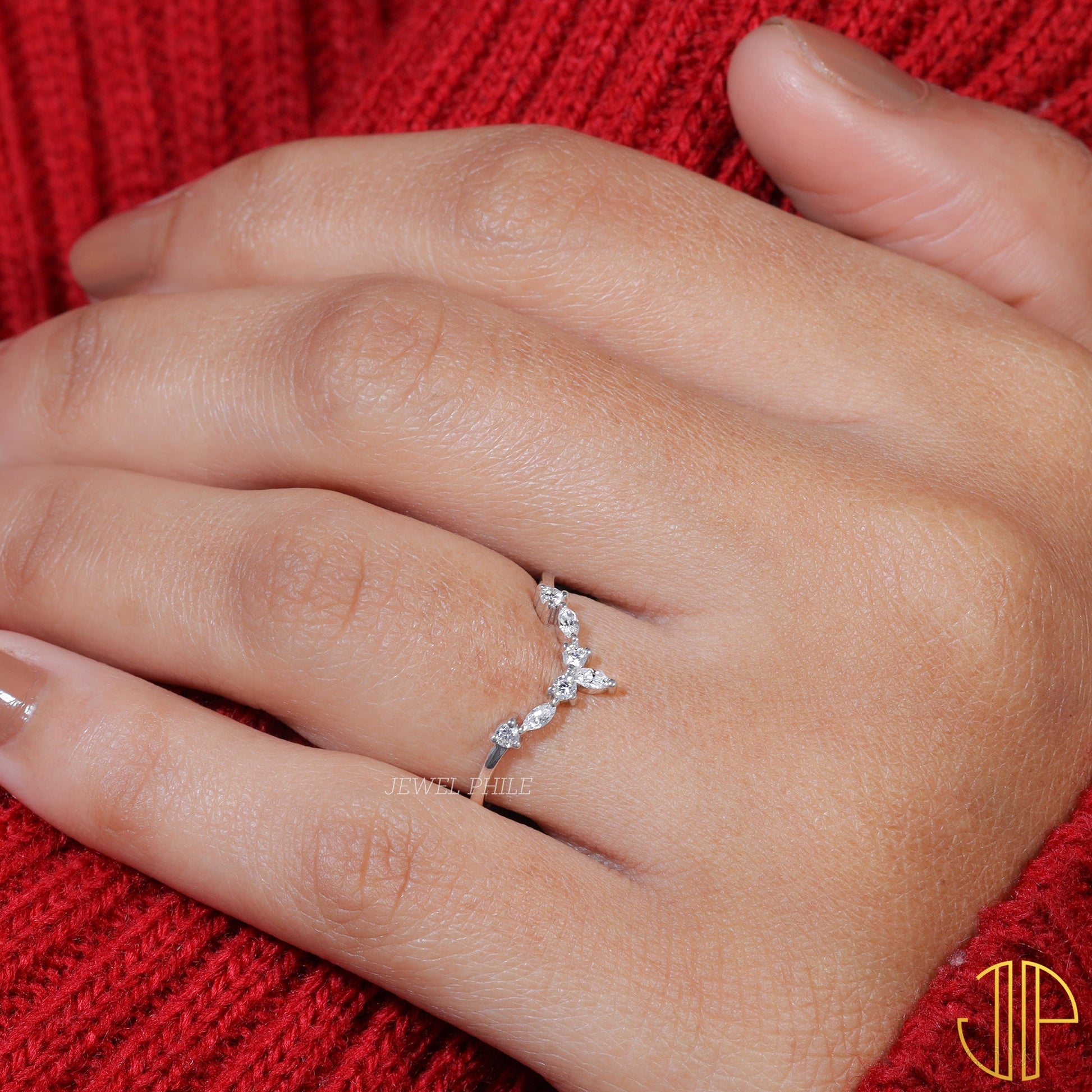 Moissanite Set Chevron V Shape Matching Wedding Band