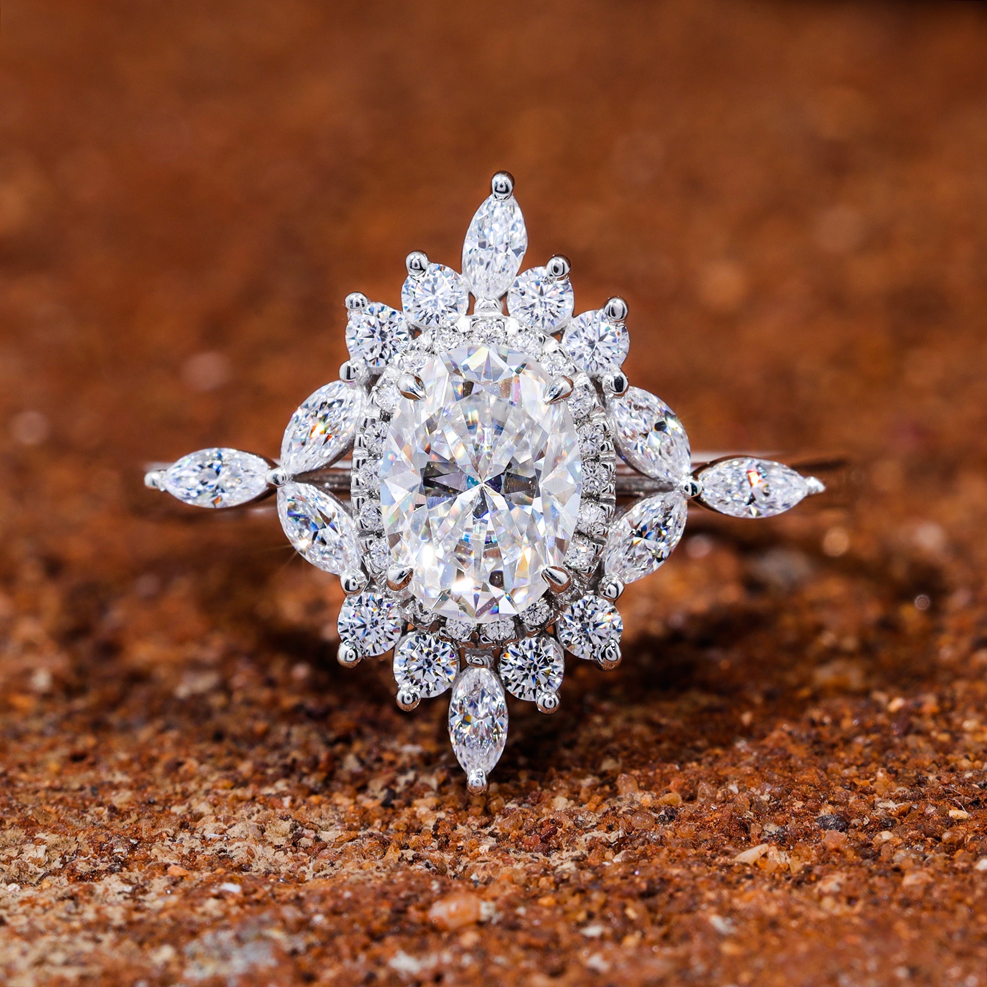 Oval Cut Moissanite Cluster Engagement Ring
