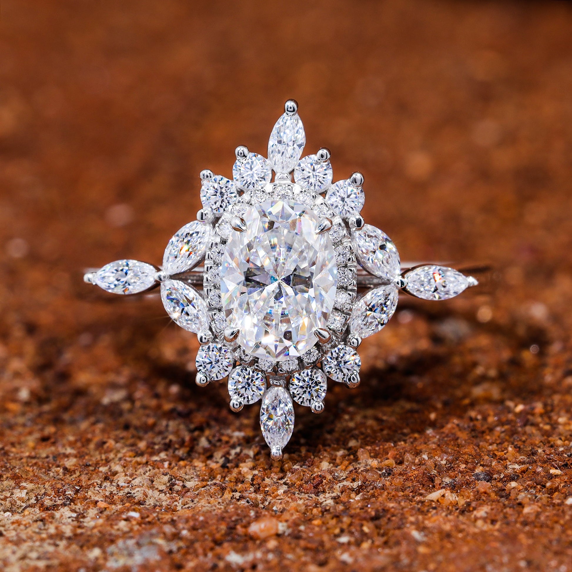 Oval Cut Moissanite Cluster Engagement Ring