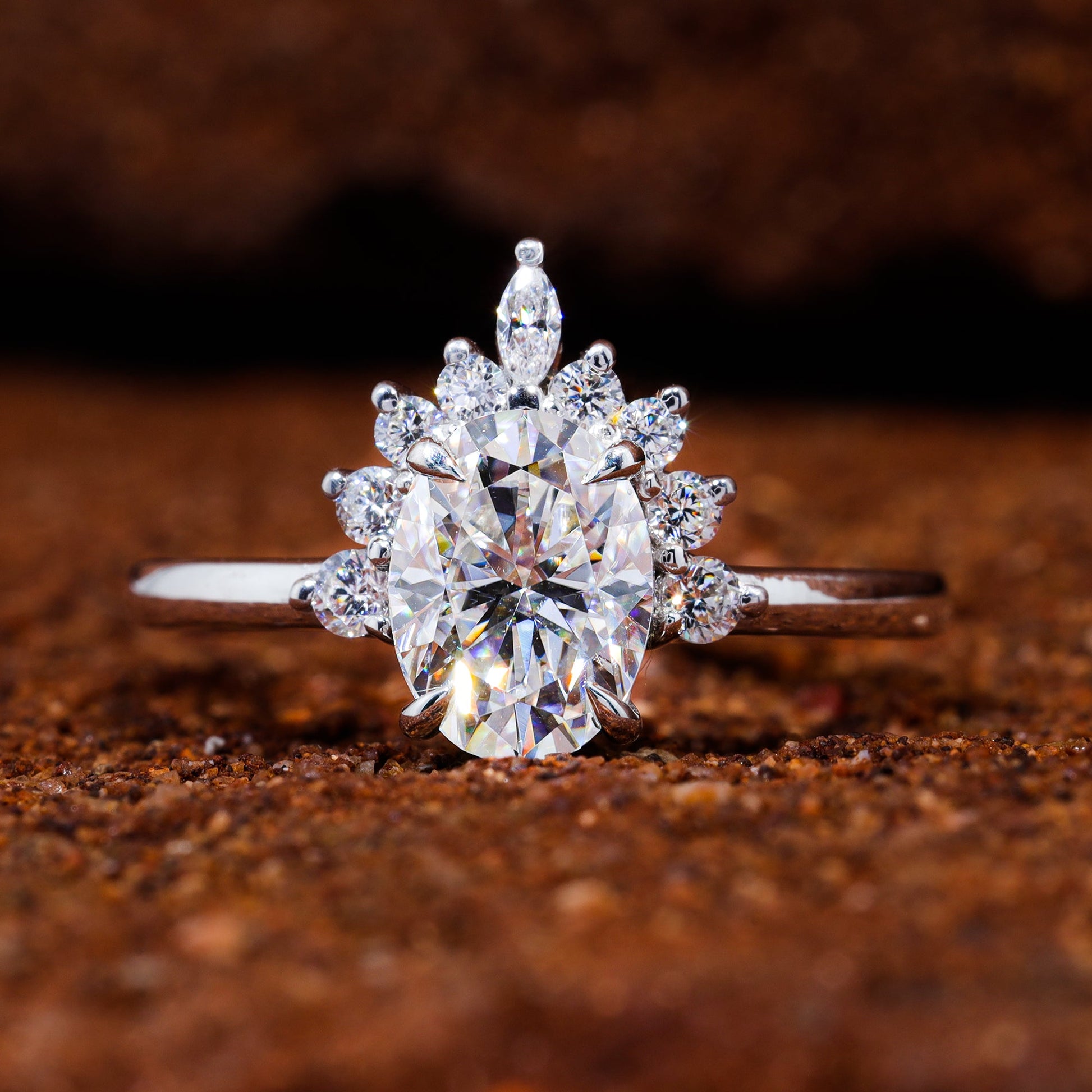 Oval Cut Moissanite Half Starburst Halo Set Engagement Ring