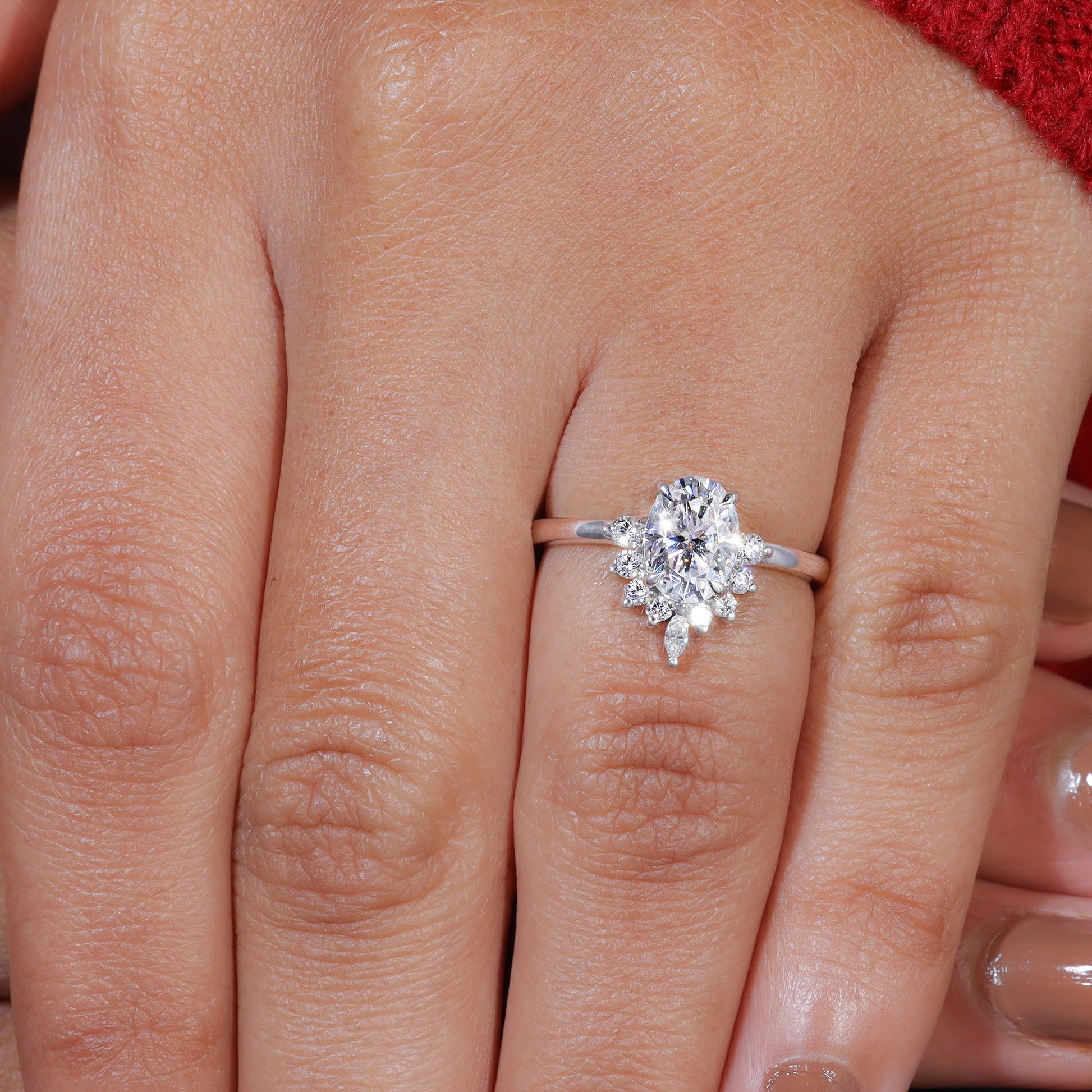 Oval Cut Moissanite Half Starburst Halo Set Engagement Ring