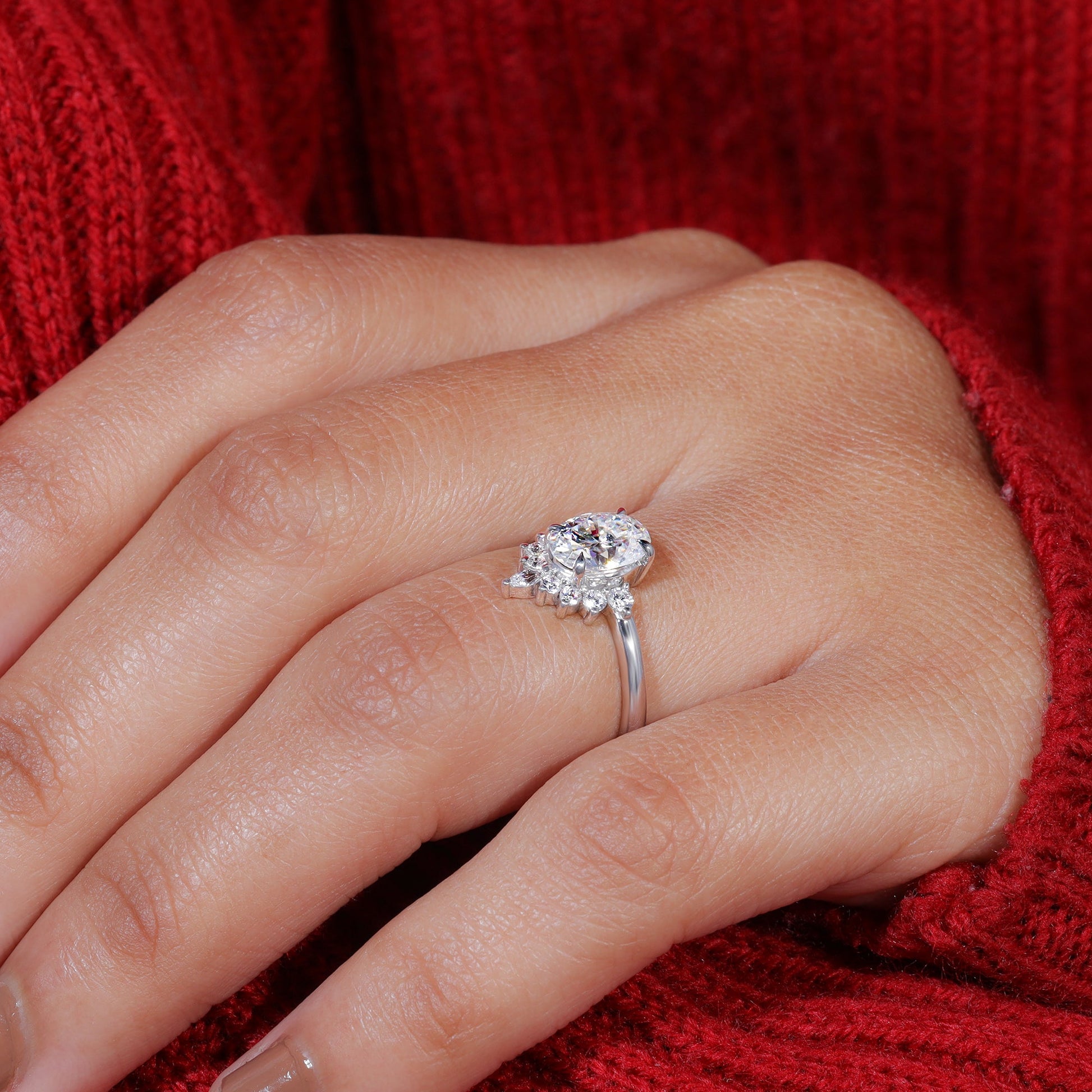 Oval Cut Moissanite Half Starburst Halo Set Engagement Ring