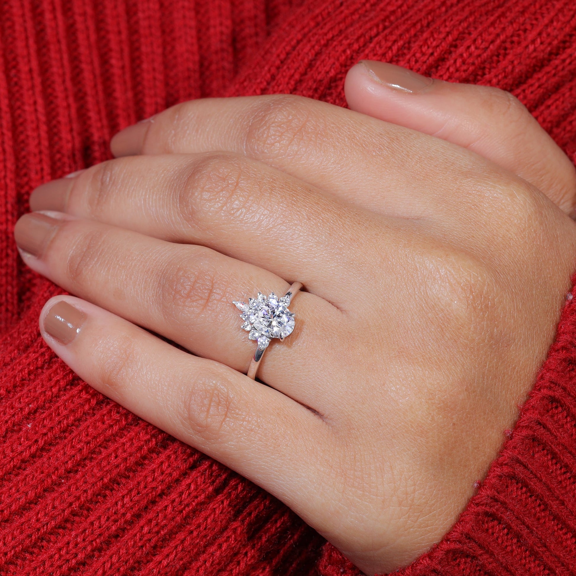 Oval Cut Moissanite Half Starburst Halo Set Engagement Ring