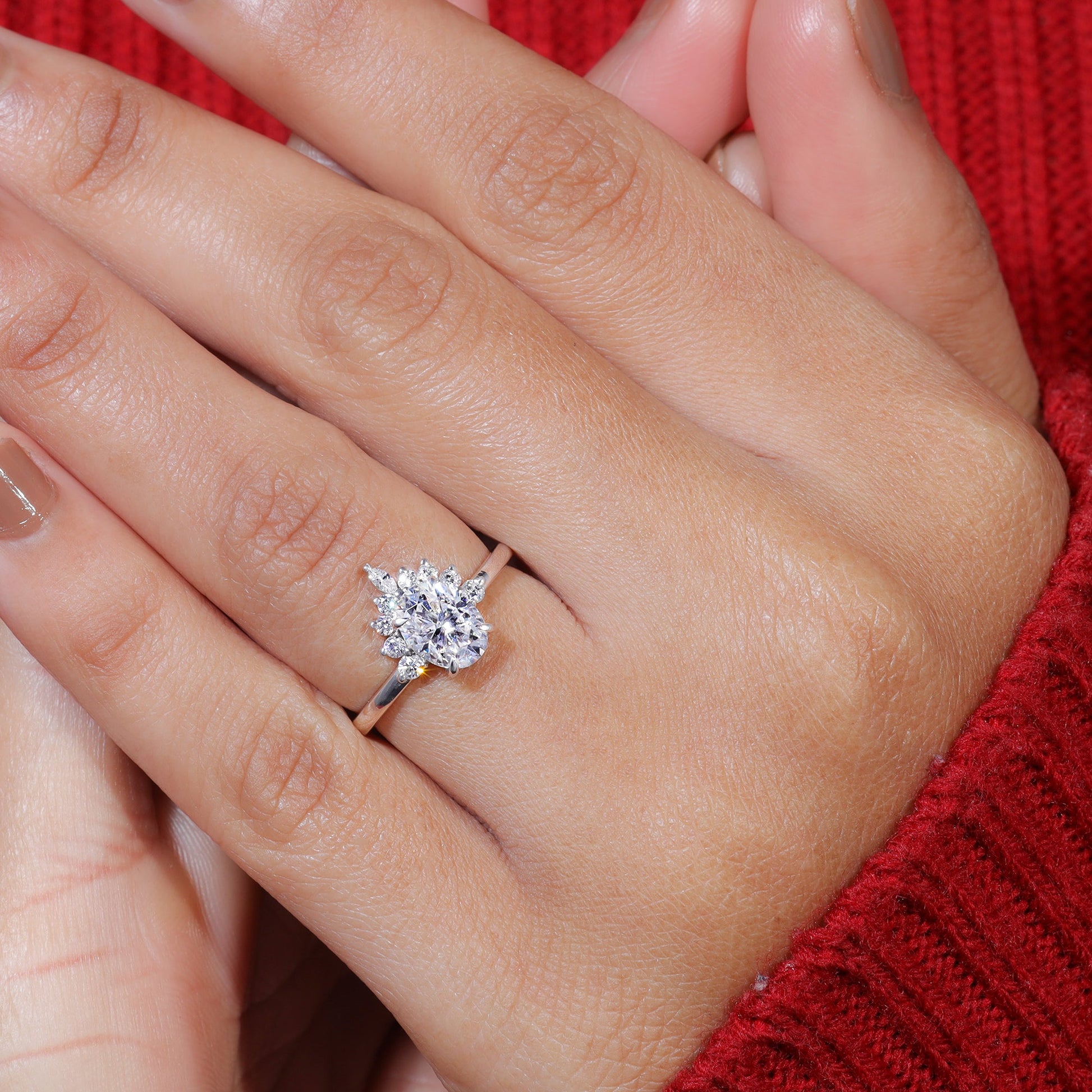 Oval Cut Moissanite Half Starburst Halo Set Engagement Ring