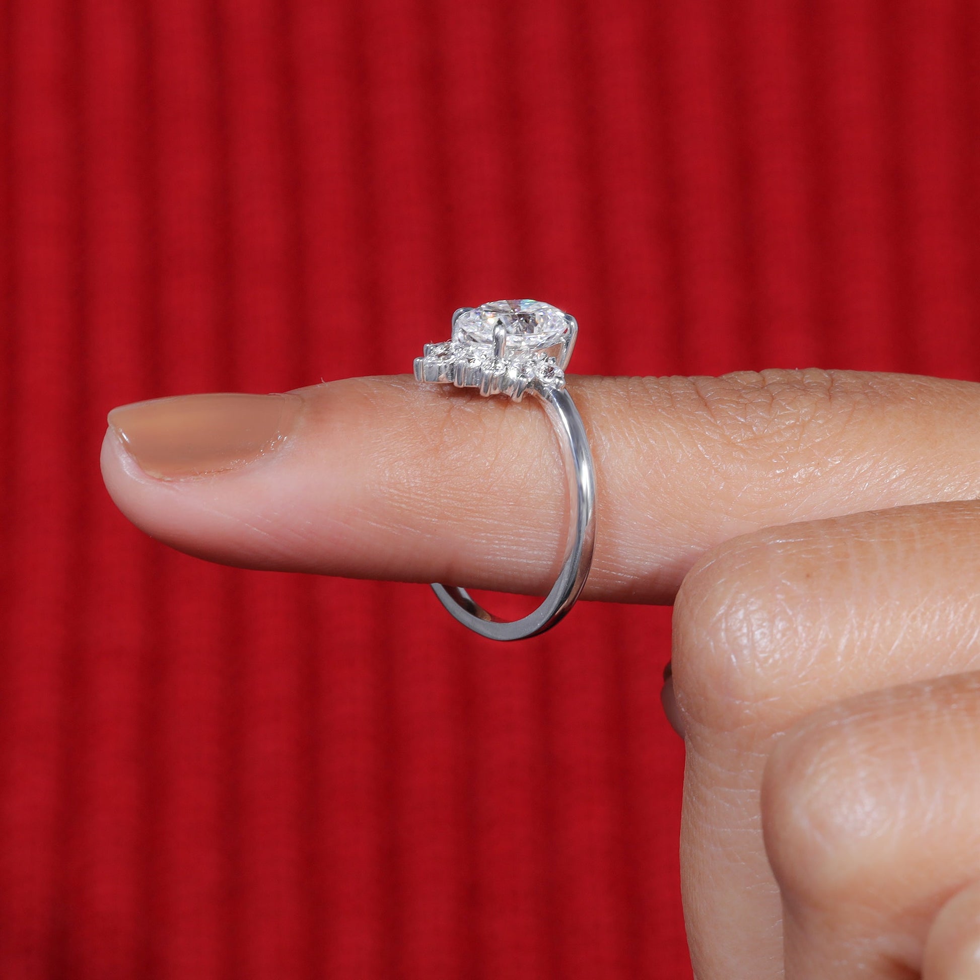 Oval Cut Moissanite Half Starburst Halo Set Engagement Ring