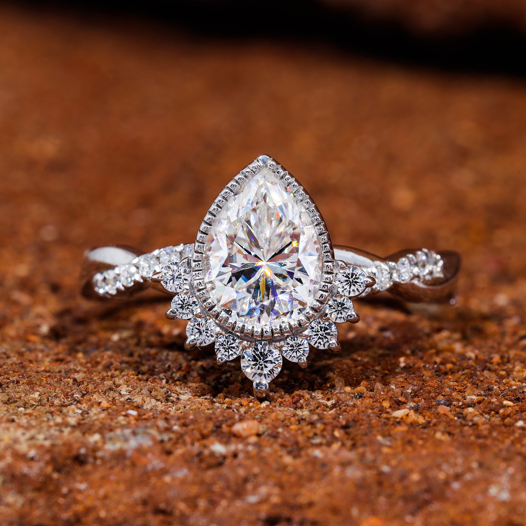 Bezel Set Pear Cut Moissanite Vintage Engagement Ring