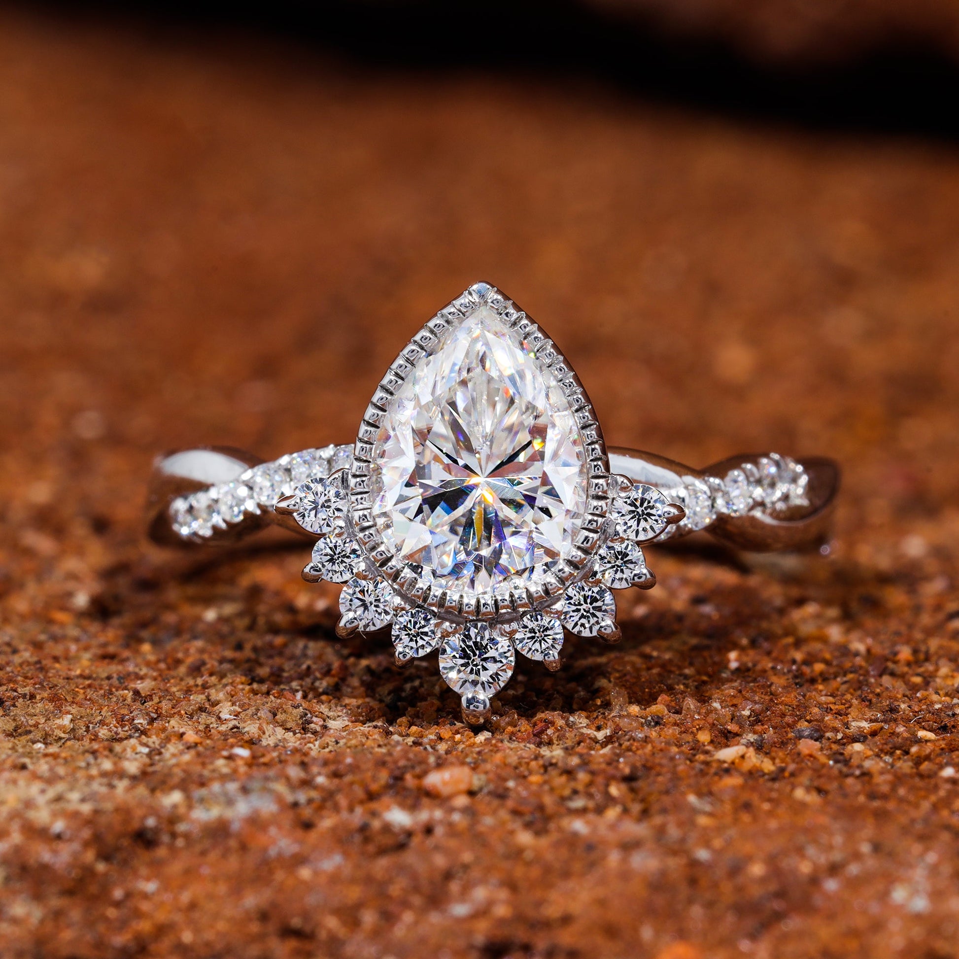 Bezel Set Pear Cut Moissanite Vintage Engagement Ring