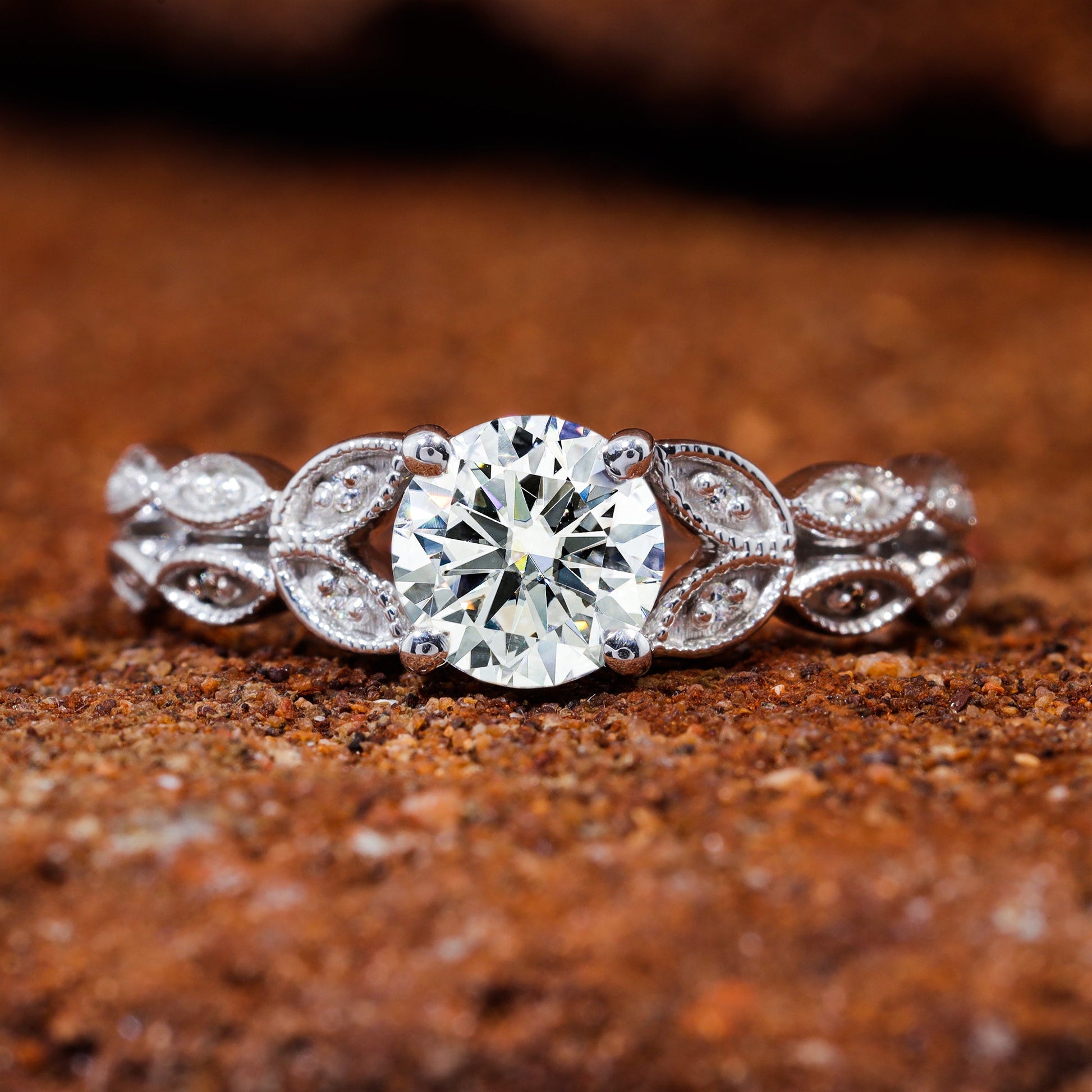Round Moissanite Art Deco Unique Engagement Ring