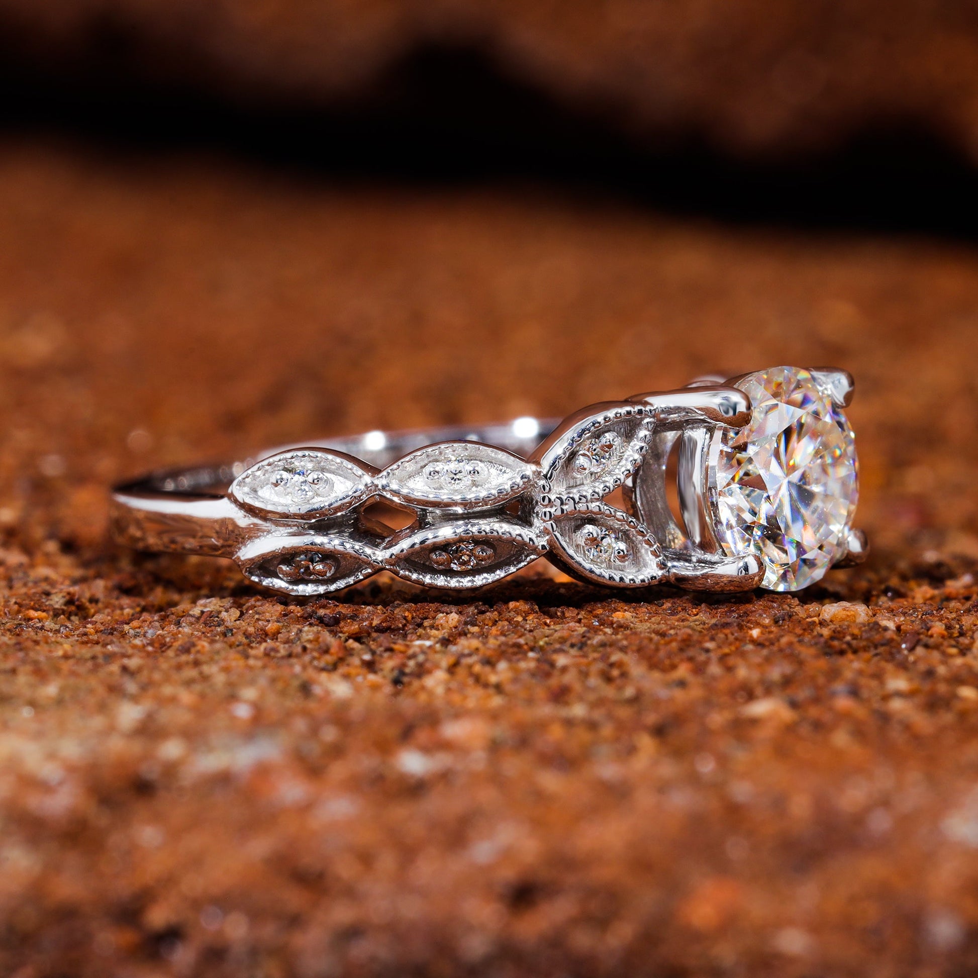 Round Moissanite Art Deco Unique Engagement Ring