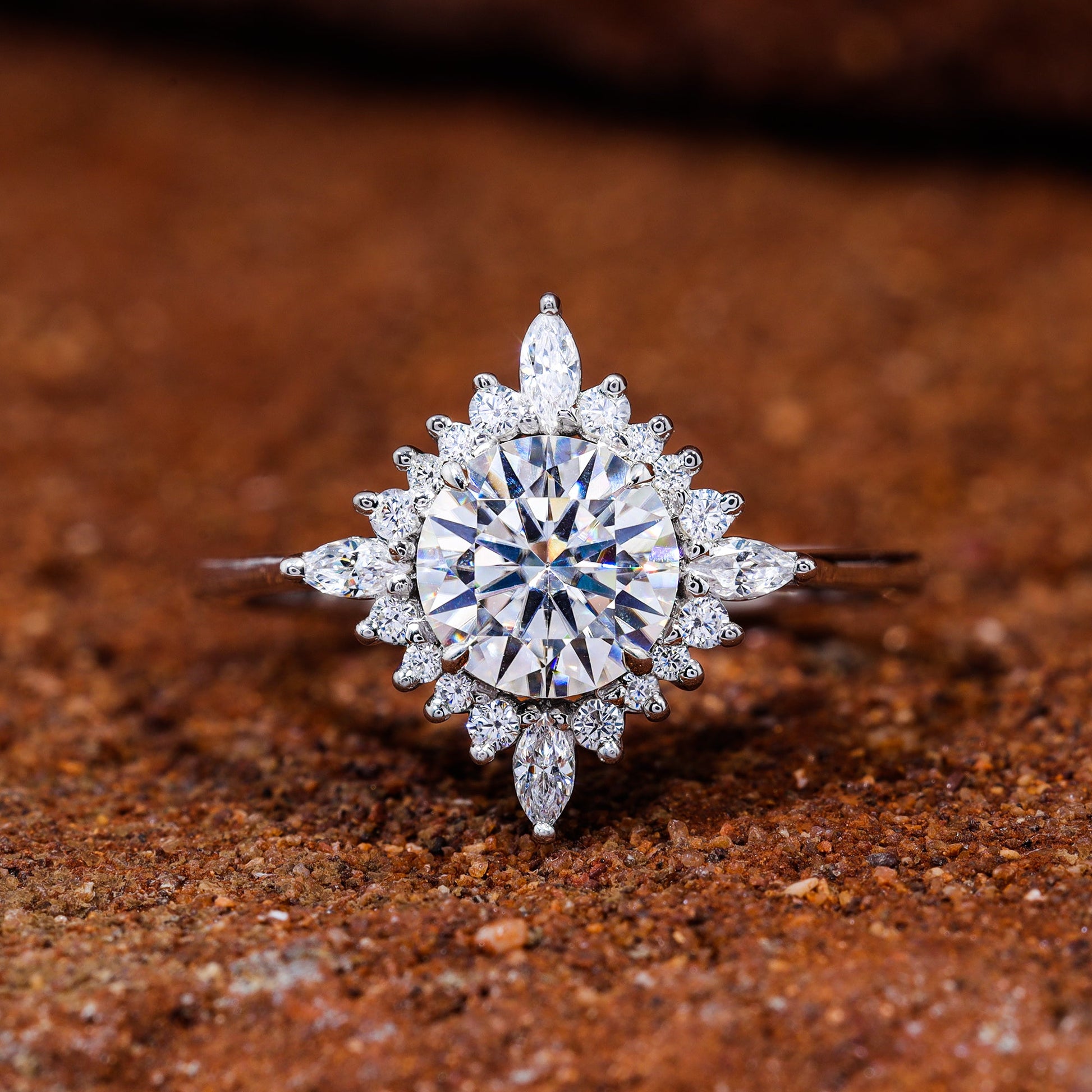 Unique Halo Set Round Cut Moissanite Engagement Ring