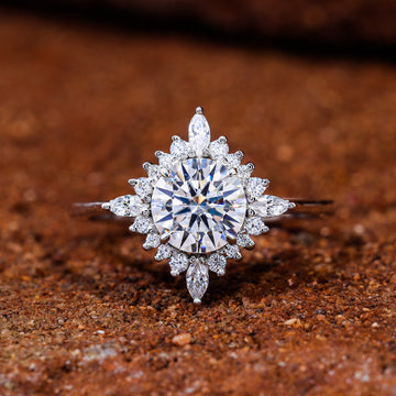 Unique Halo Set Round Cut Moissanite Engagement Ring