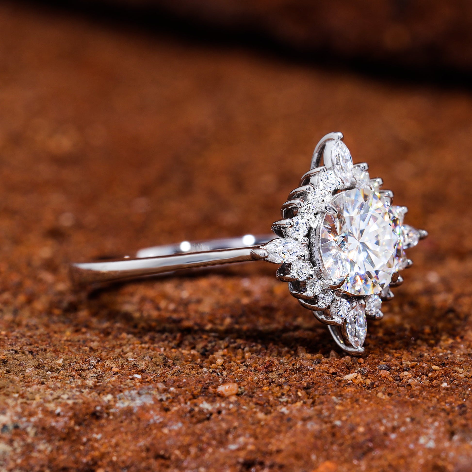 Unique Halo Set Round Cut Moissanite Engagement Ring