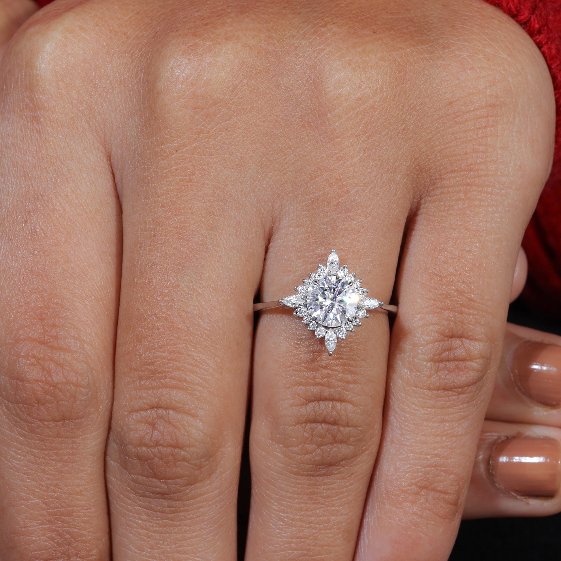 Unique Halo Set Round Cut Moissanite Engagement Ring