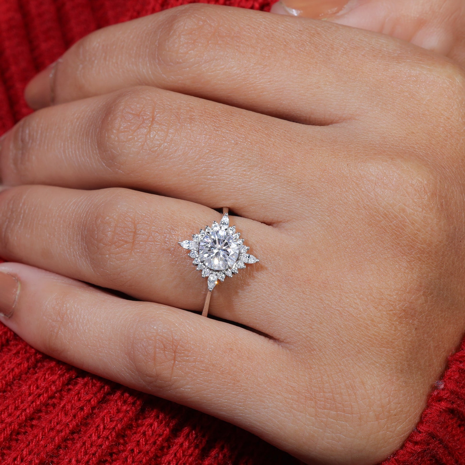 Unique Halo Set Round Cut Moissanite Engagement Ring