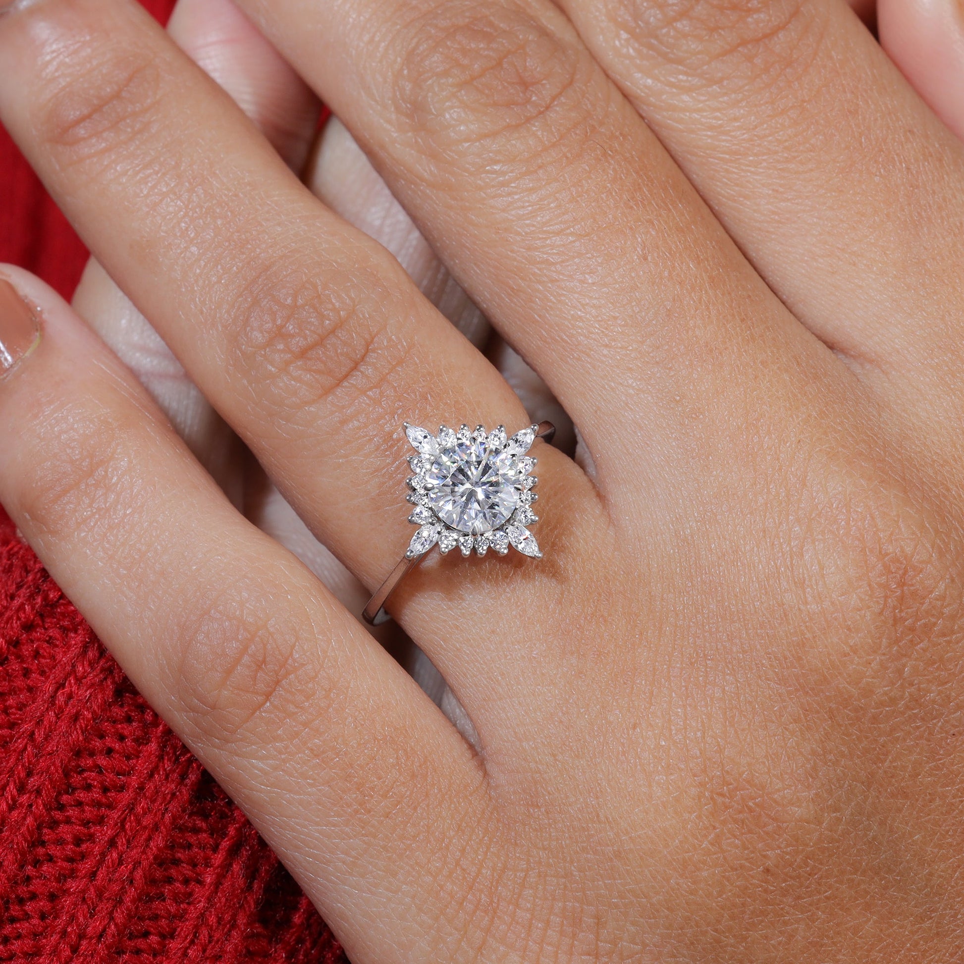 Unique Halo Set Round Cut Moissanite Engagement Ring