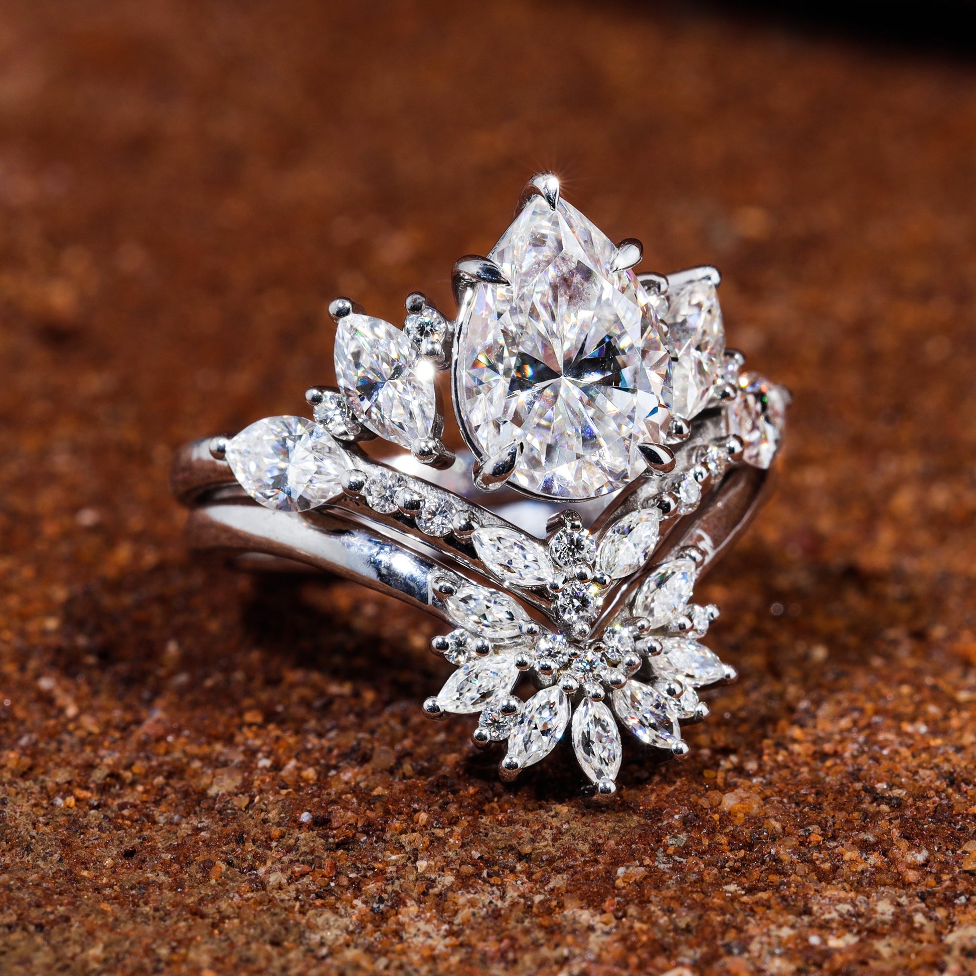 Pear Cut Moissanite Cluster Engagement Ring Set