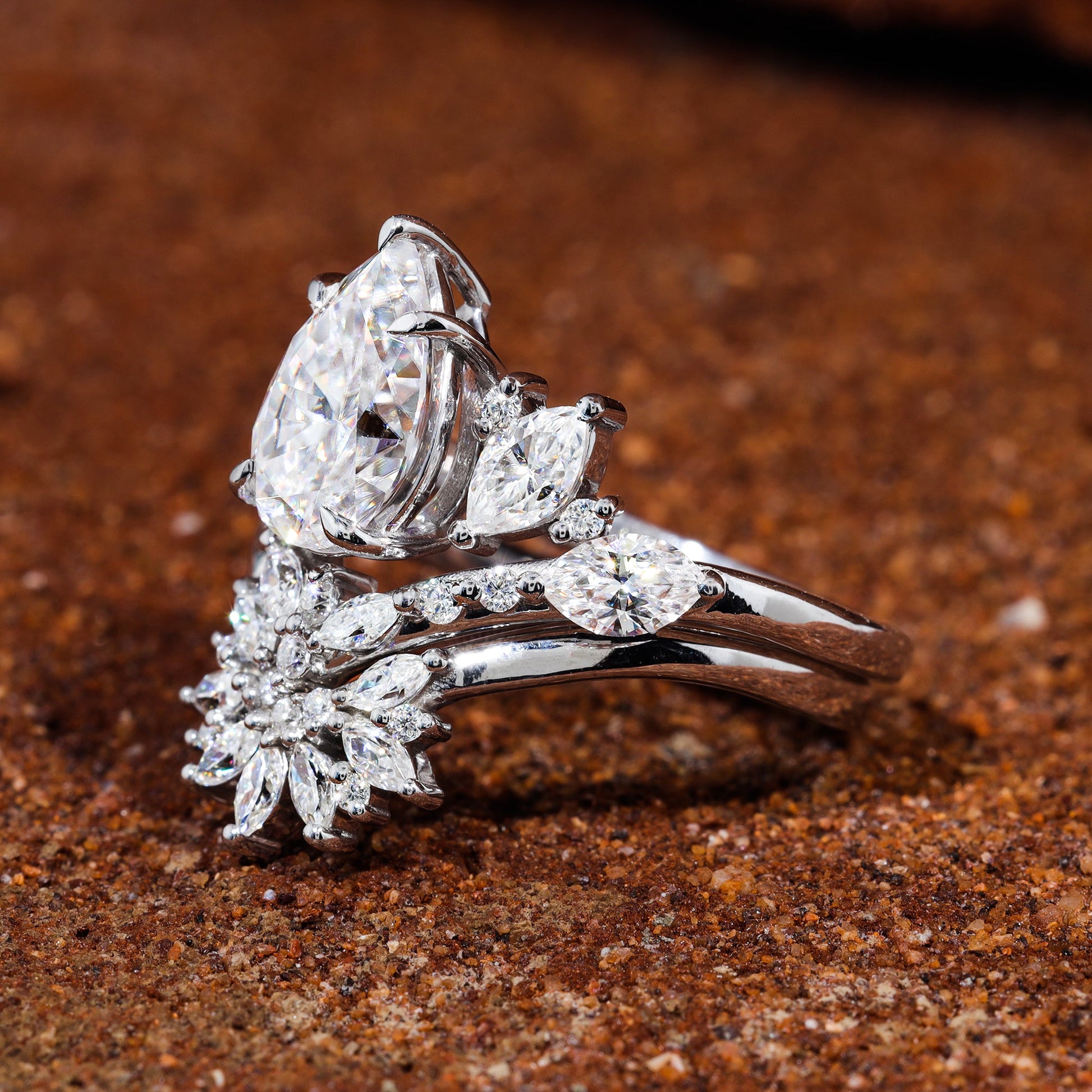 Pear Cut Moissanite Cluster Engagement Ring Set