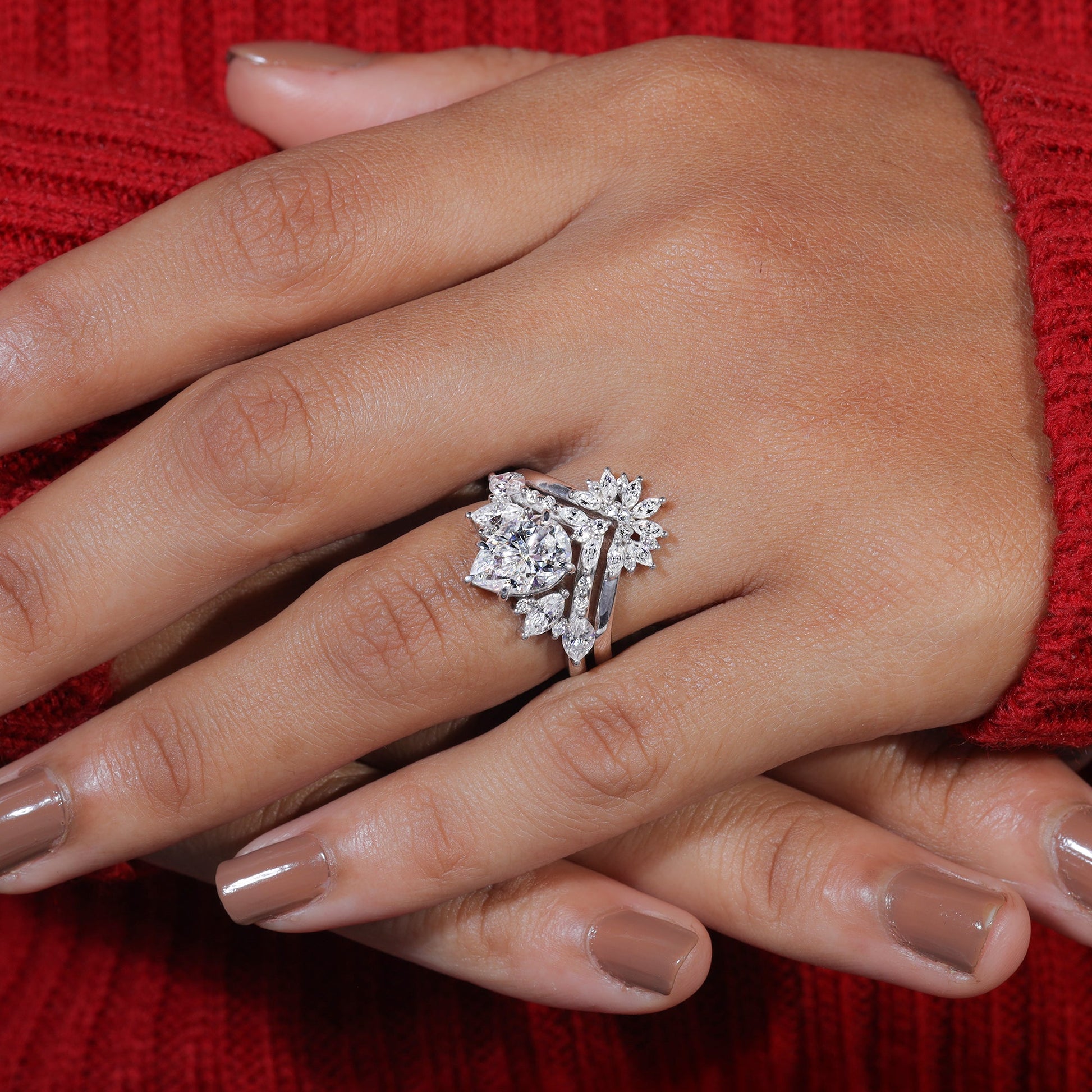 Pear Cut Moissanite Cluster Engagement Ring Set