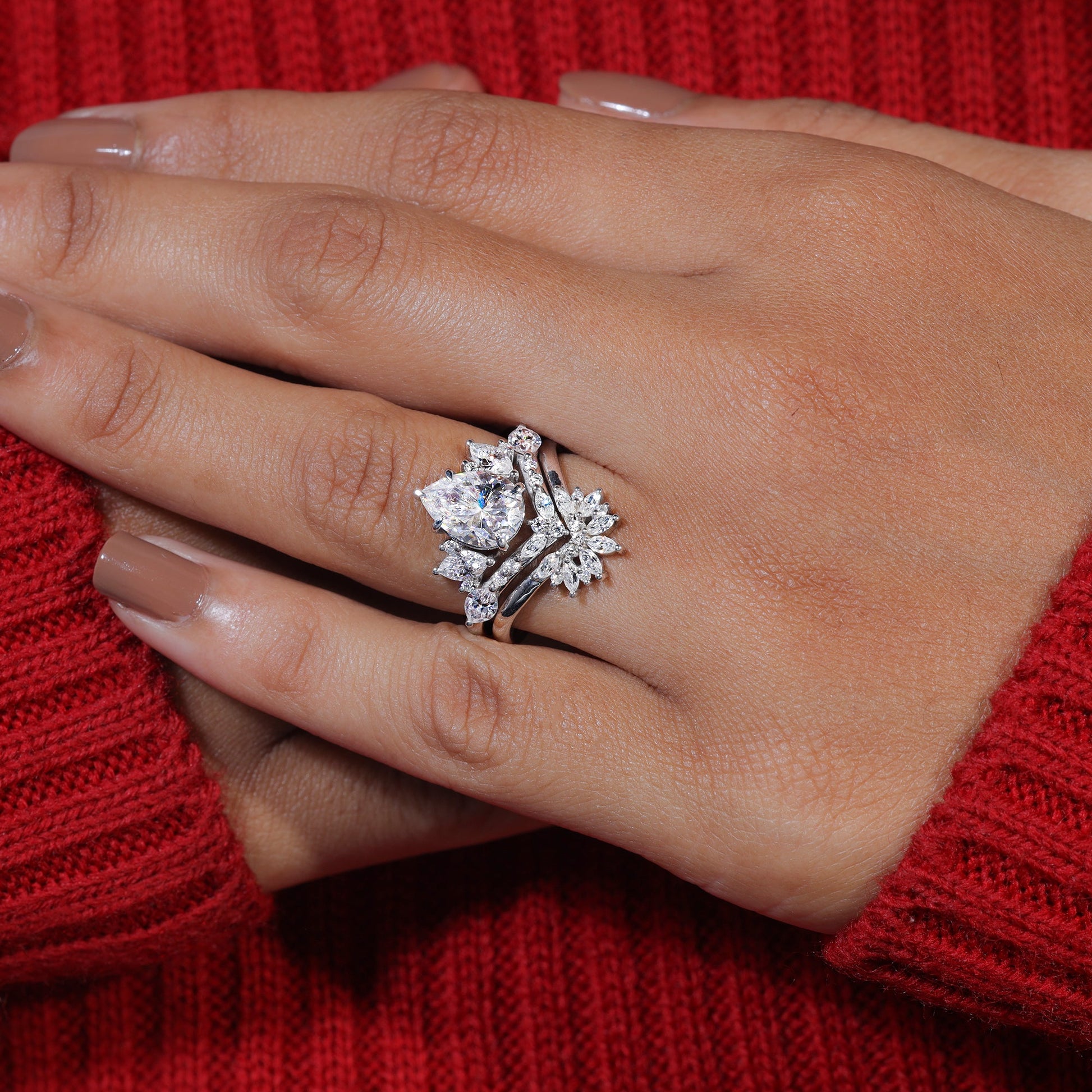 Pear Cut Moissanite Cluster Engagement Ring Set