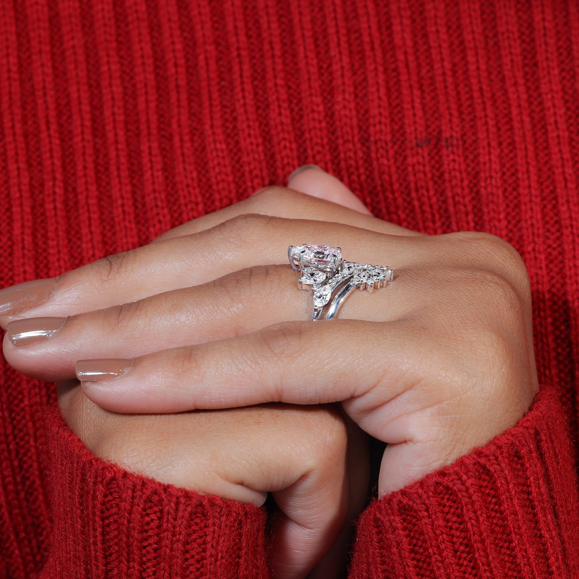 Pear Cut Moissanite Cluster Engagement Ring Set