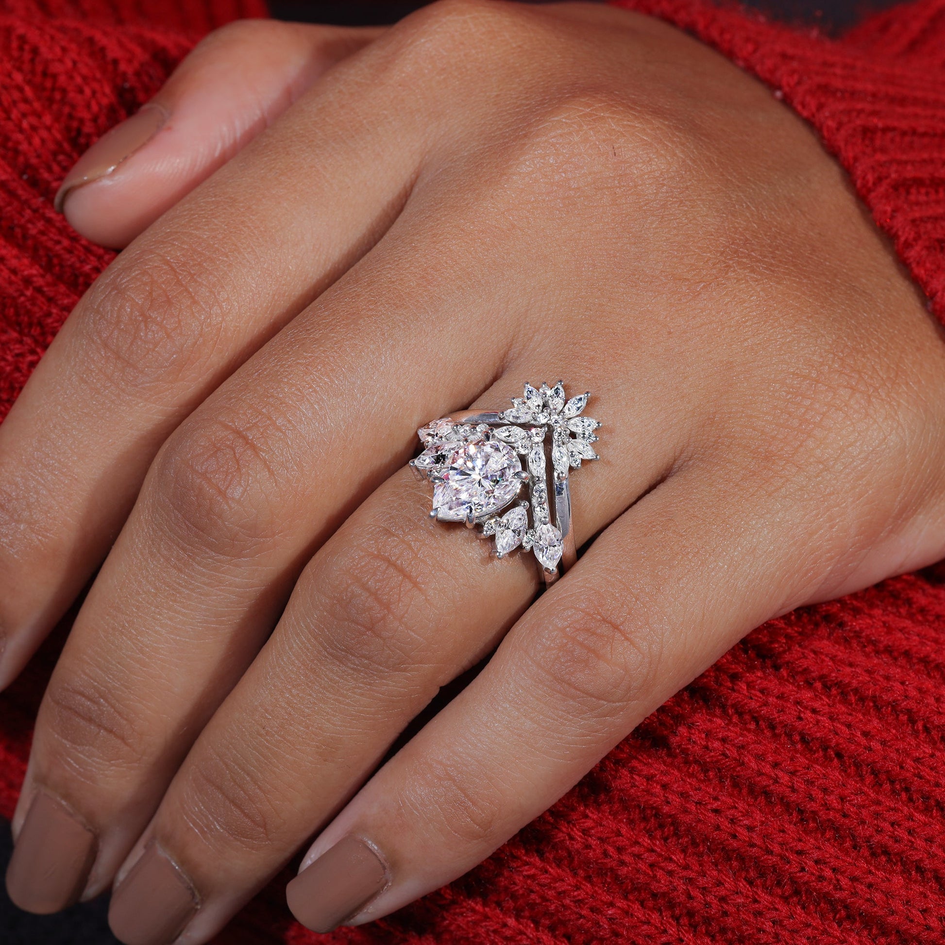 Pear Cut Moissanite Cluster Engagement Ring Set