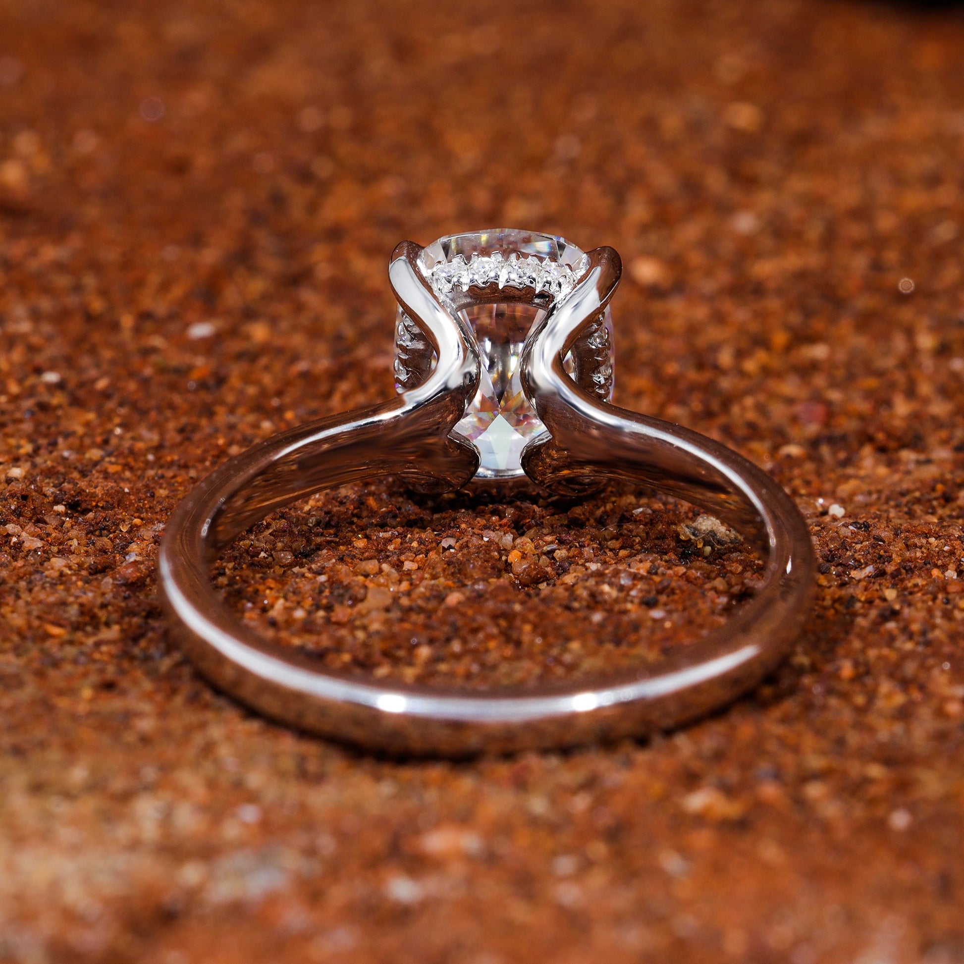 Elongated Cushion Cut Moisaanite Hidden Halo Engagement Ring