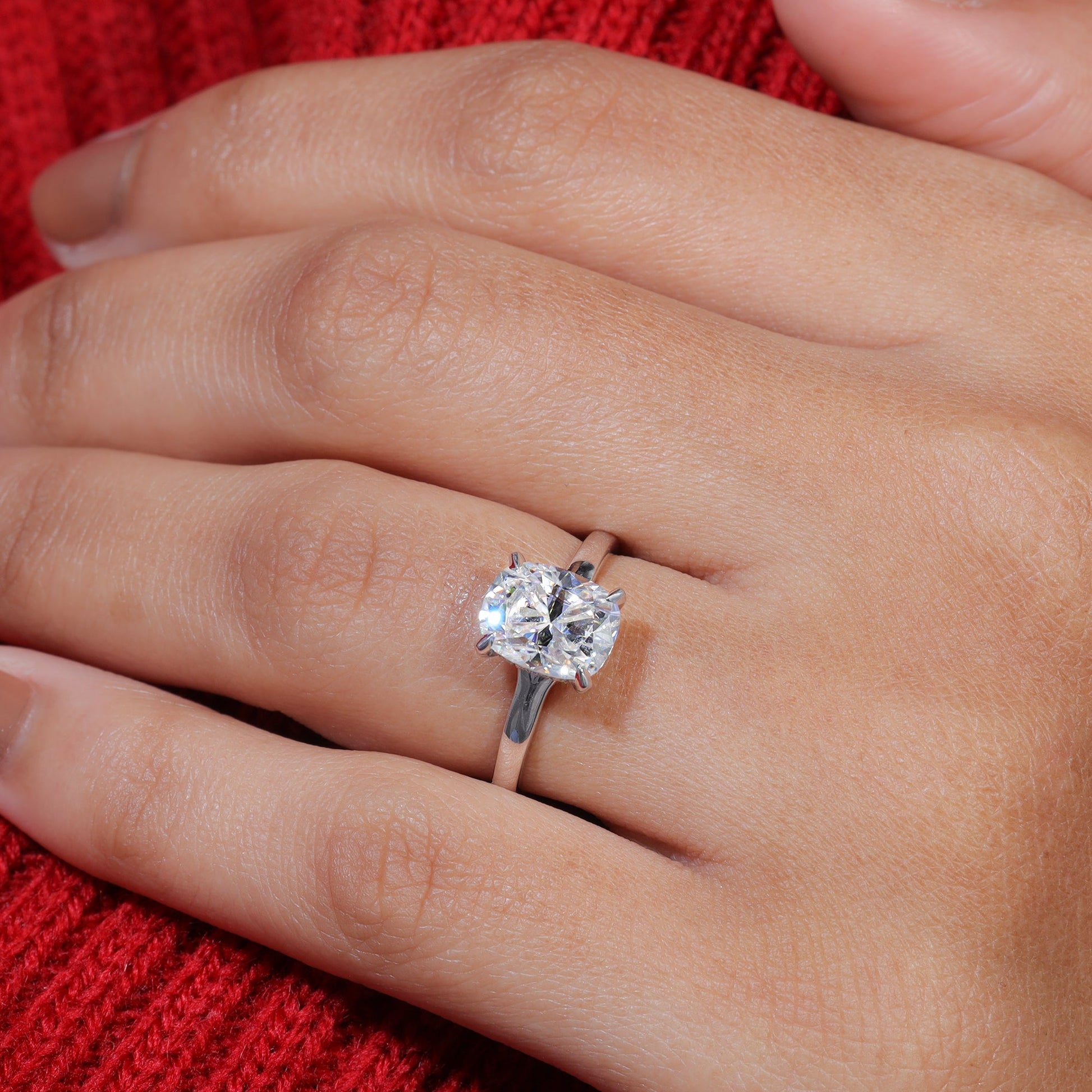 Elongated Cushion Cut Moisaanite Hidden Halo Engagement Ring