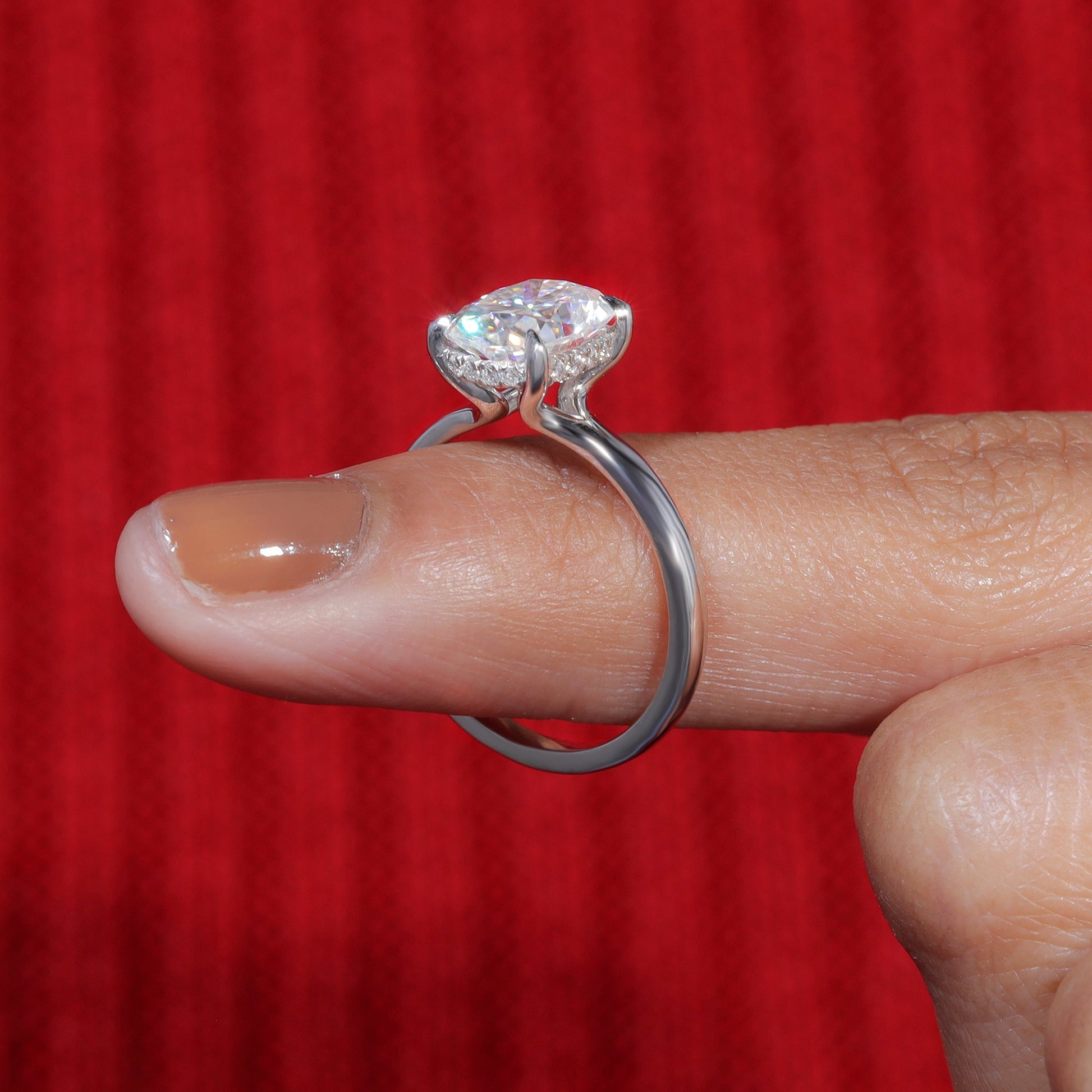Elongated Cushion Cut Moisaanite Hidden Halo Engagement Ring