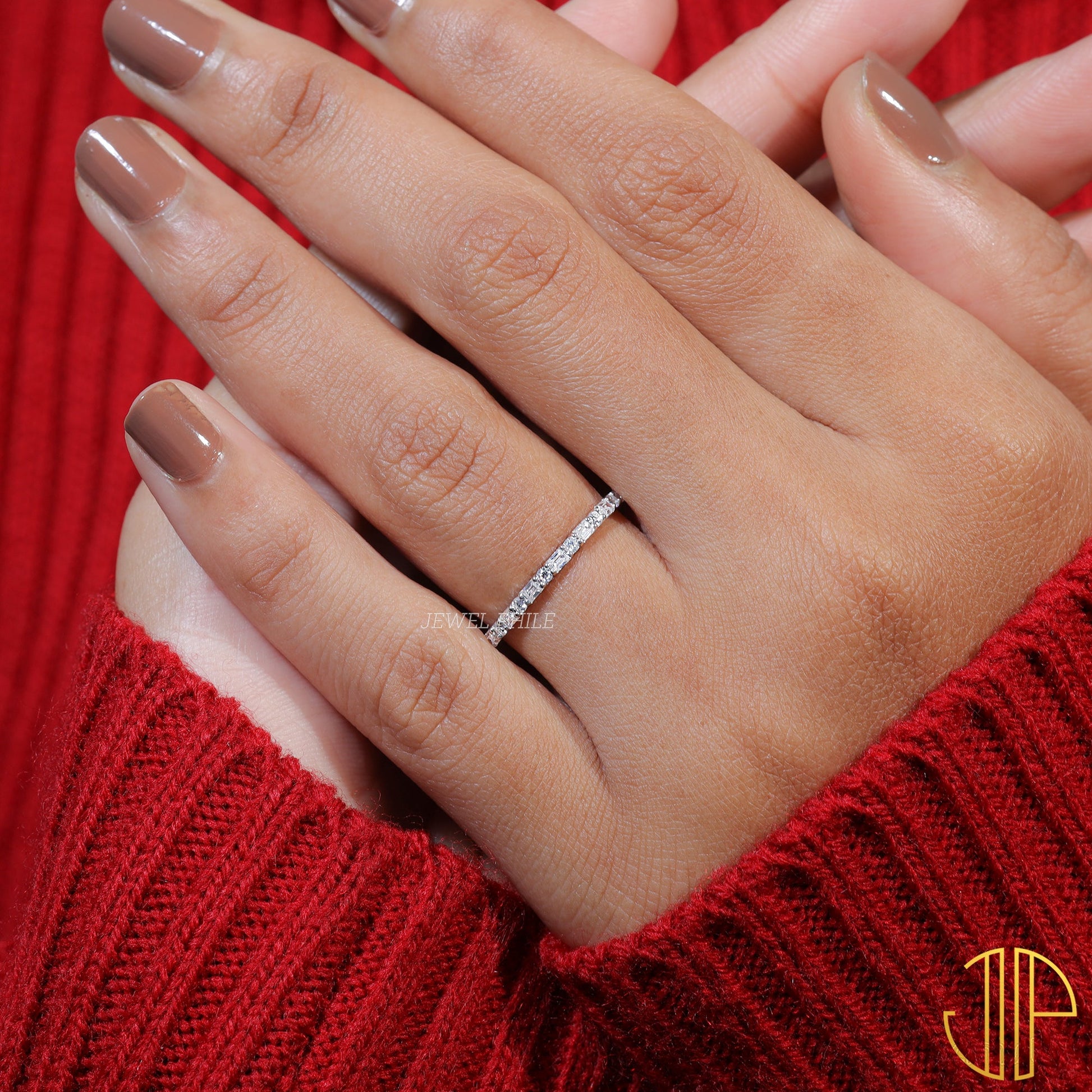 Baguette & Round Cut Moissanite Set Minimalist Weddibg Band