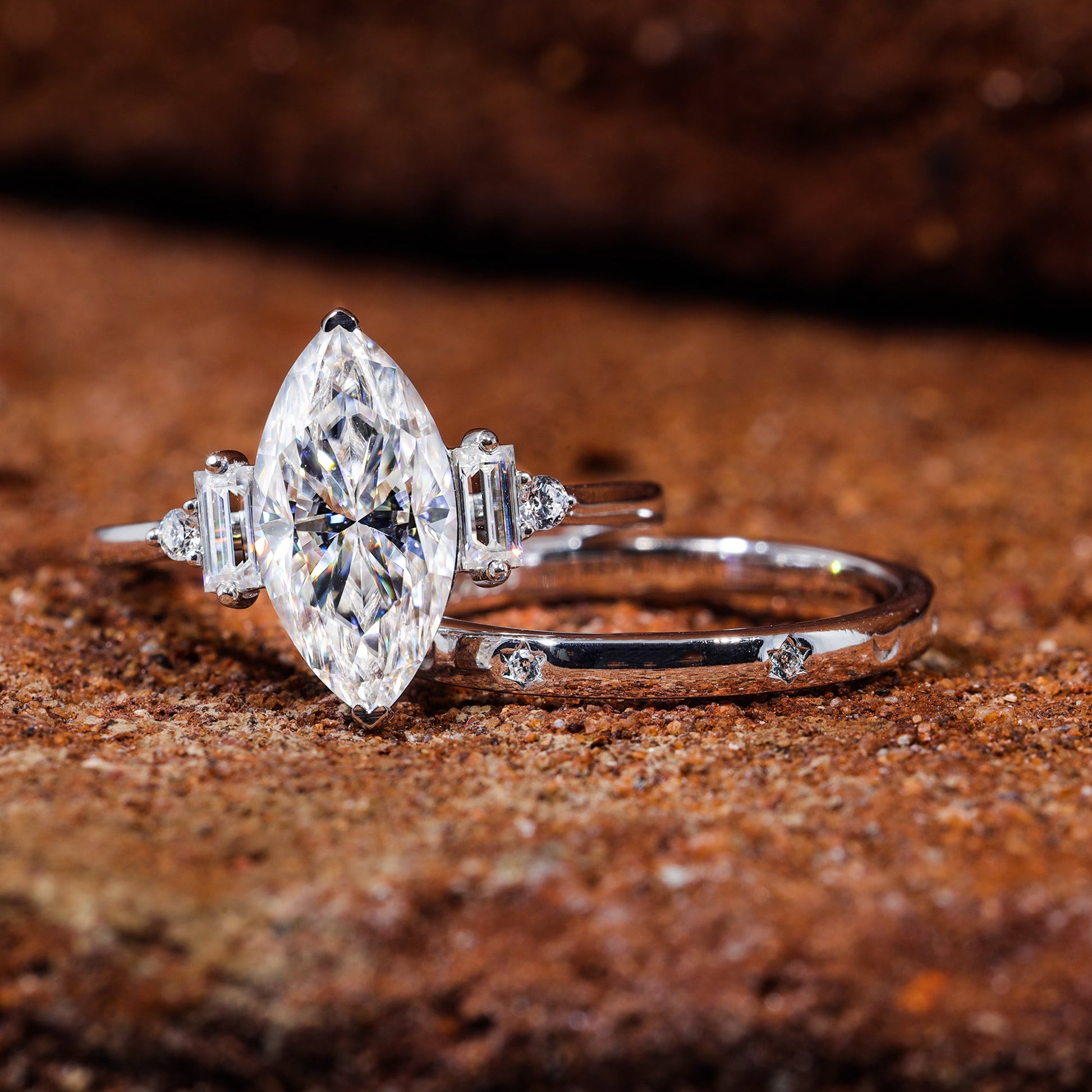 Marquise Cut Moissanite Set Engagement Bridal Ring Set