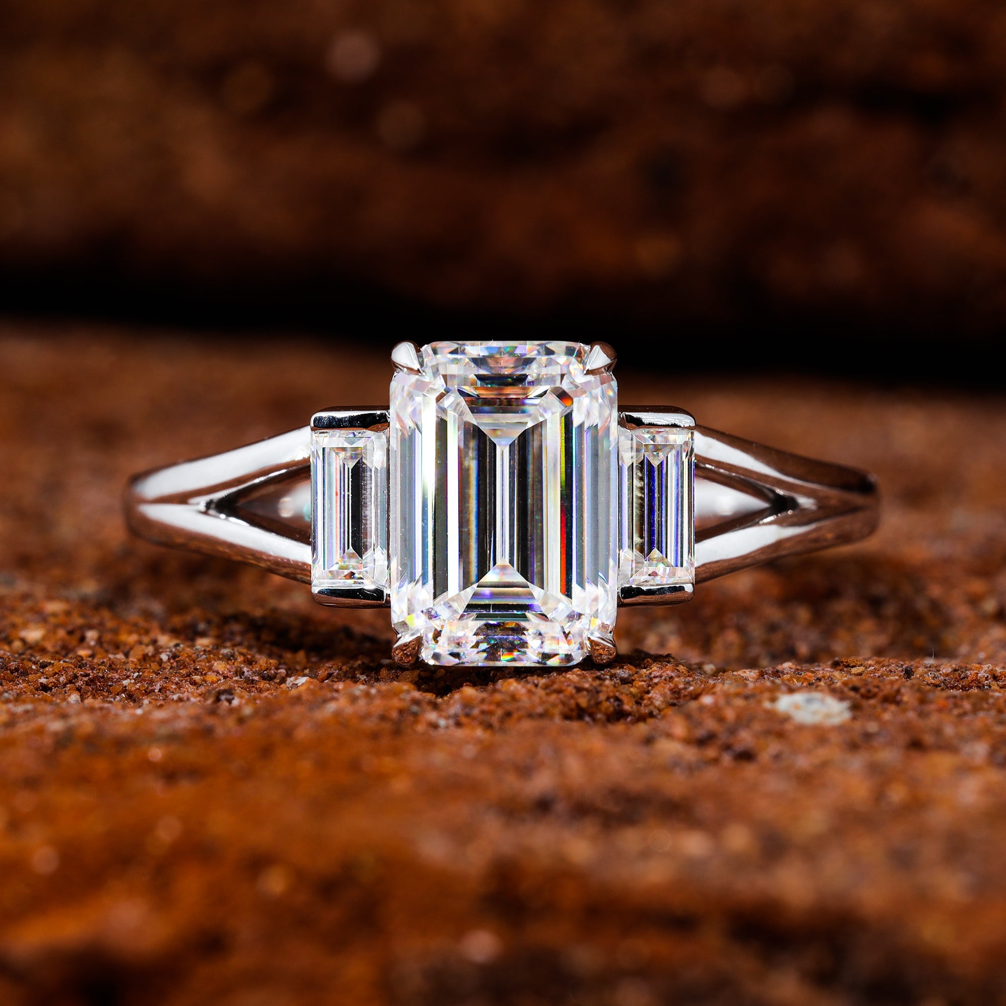 Emerald Cut Moissanite Split Shank Engagement Ring