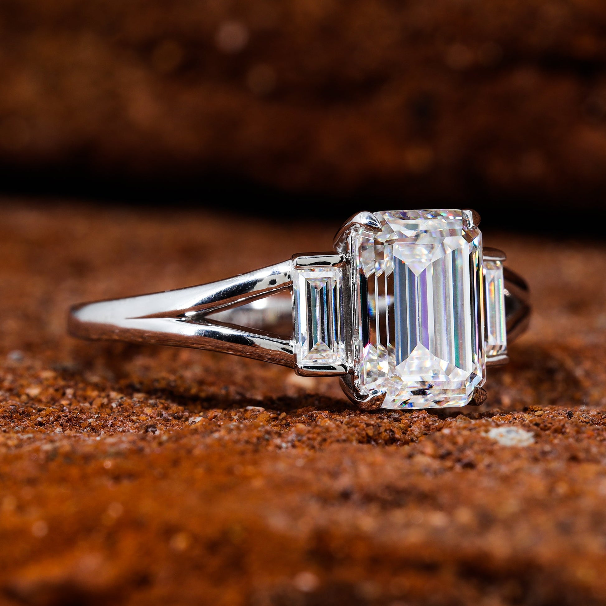 Emerald Cut Moissanite Split Shank Engagement Ring