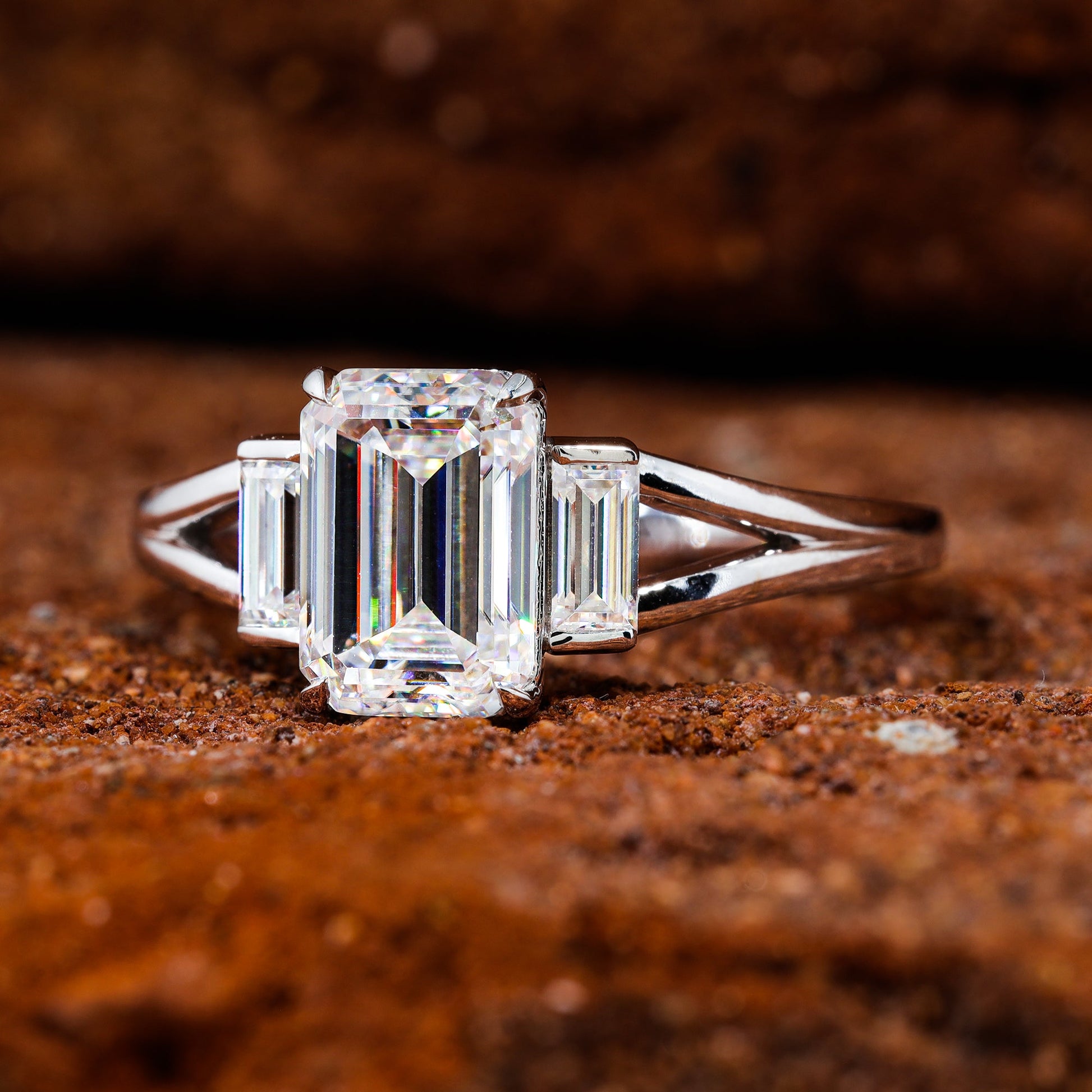 Emerald Cut Moissanite Split Shank Engagement Ring