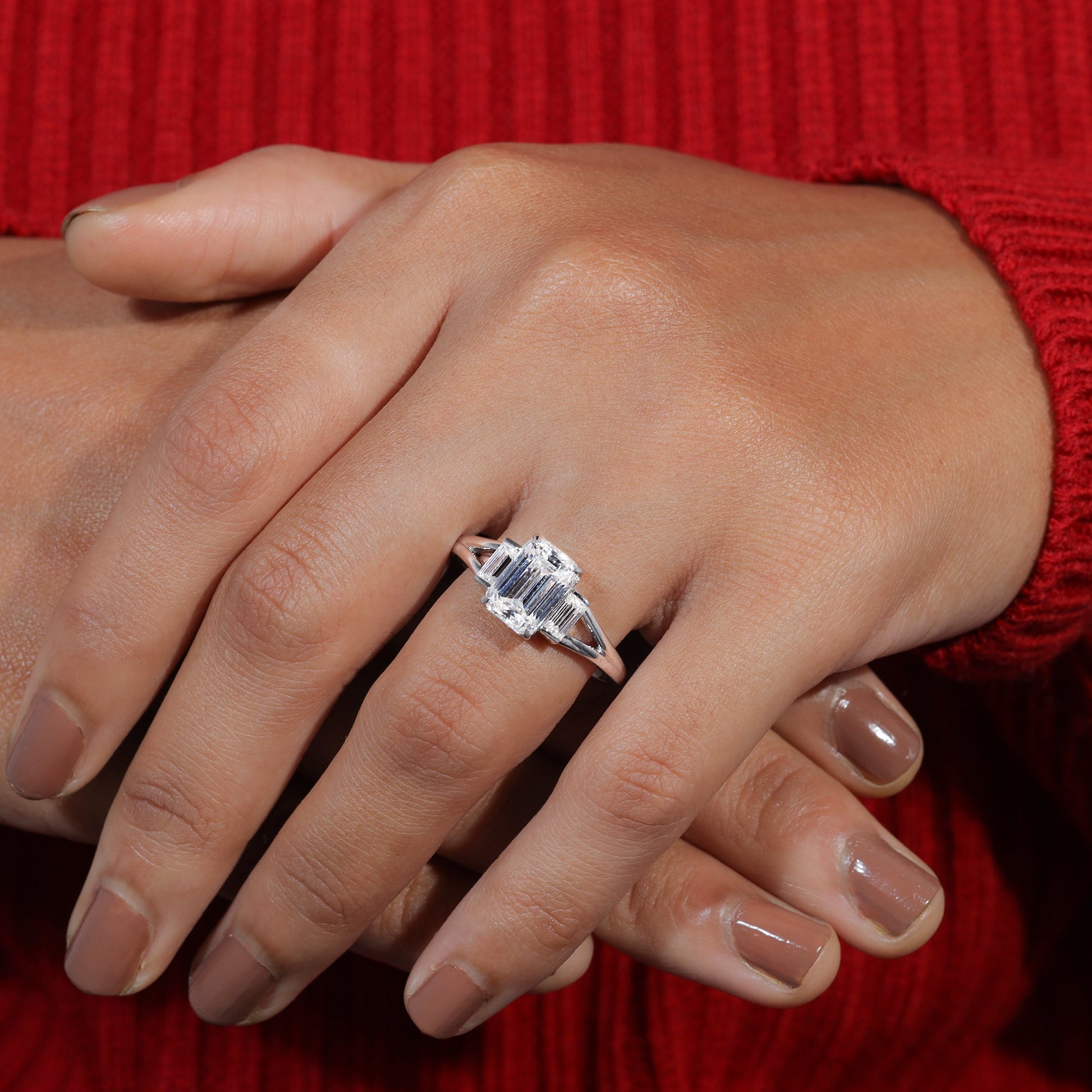 Emerald Cut Moissanite Split Shank Engagement Ring