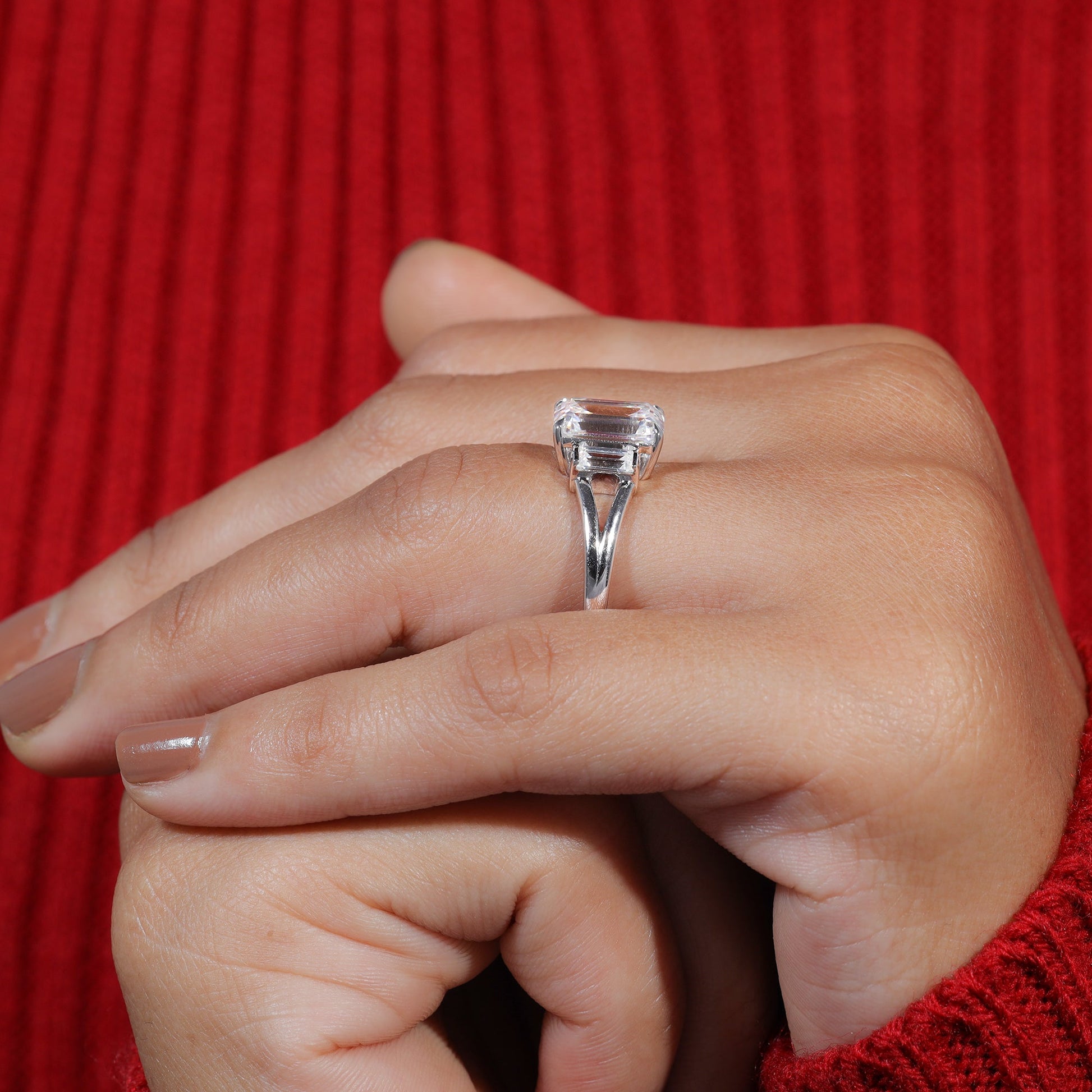 Emerald Cut Moissanite Split Shank Engagement Ring