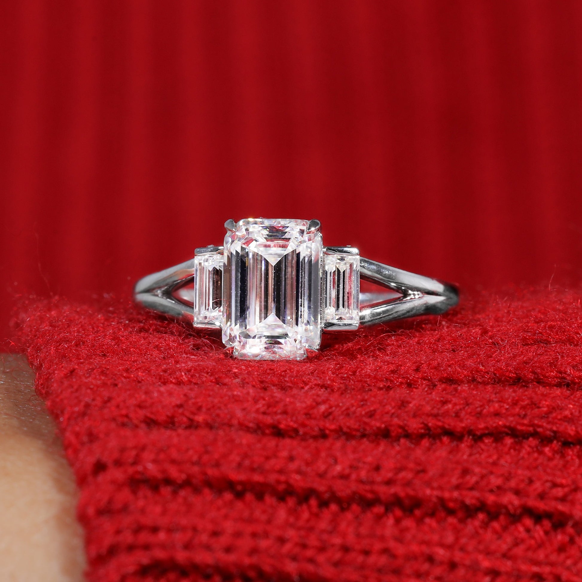 Emerald Cut Moissanite Split Shank Engagement Ring