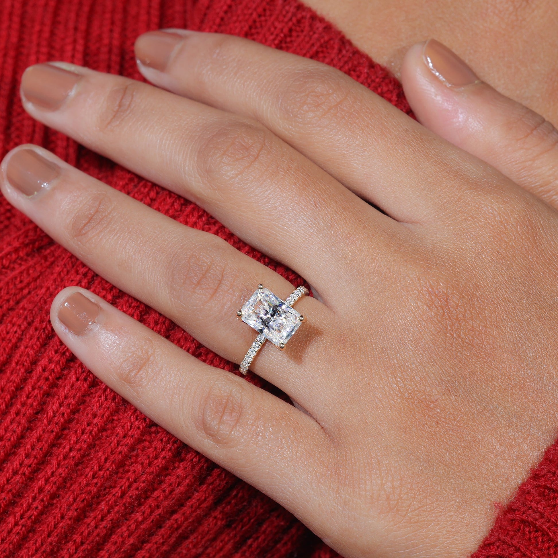 Floating Prong Set Radiant Cut Moissanite Engagement Ring
