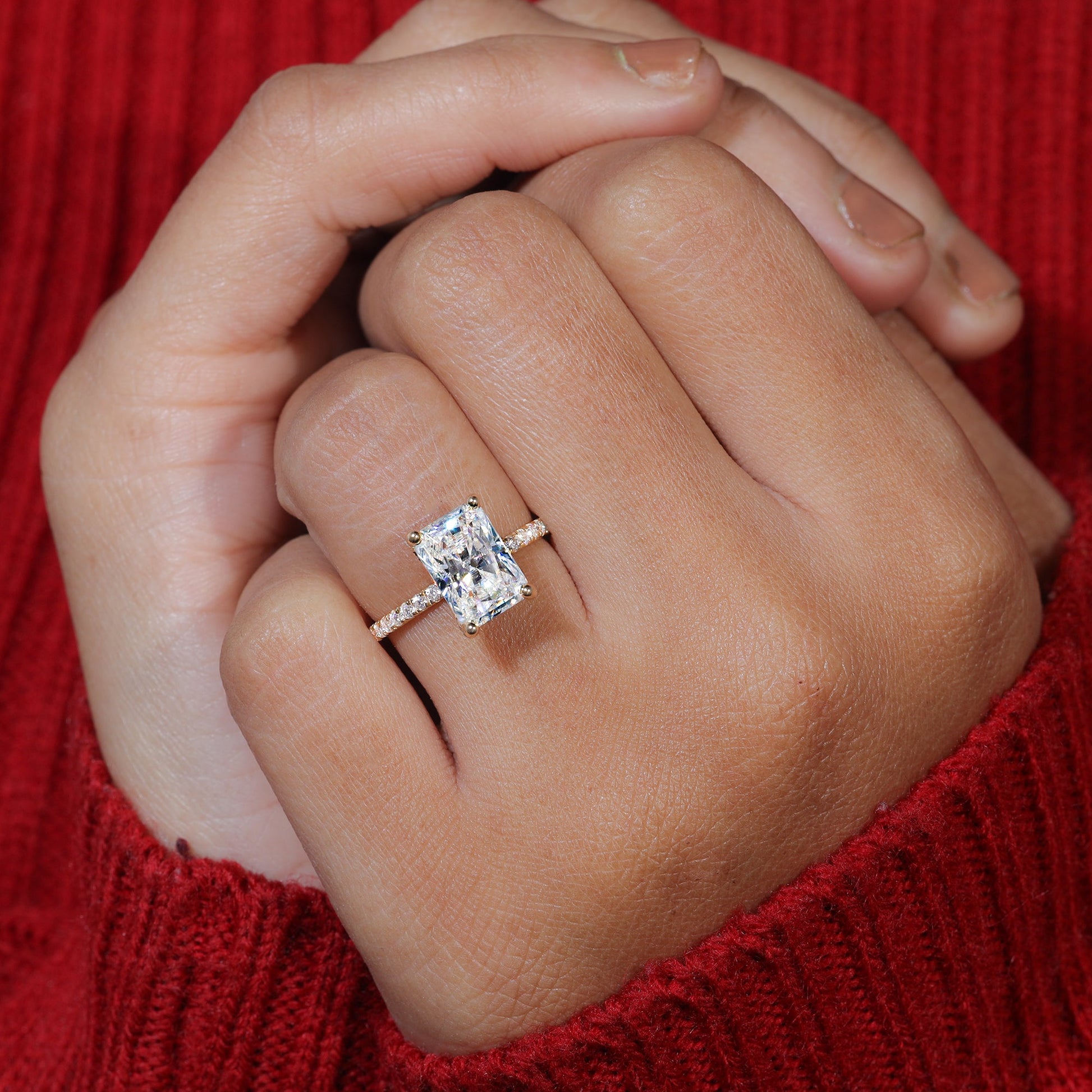 Floating Prong Set Radiant Cut Moissanite Engagement Ring