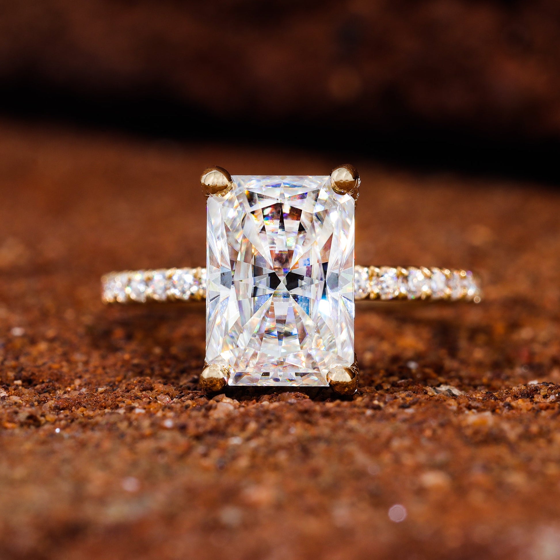 Floating Prong Set Radiant Cut Moissanite Engagement Ring