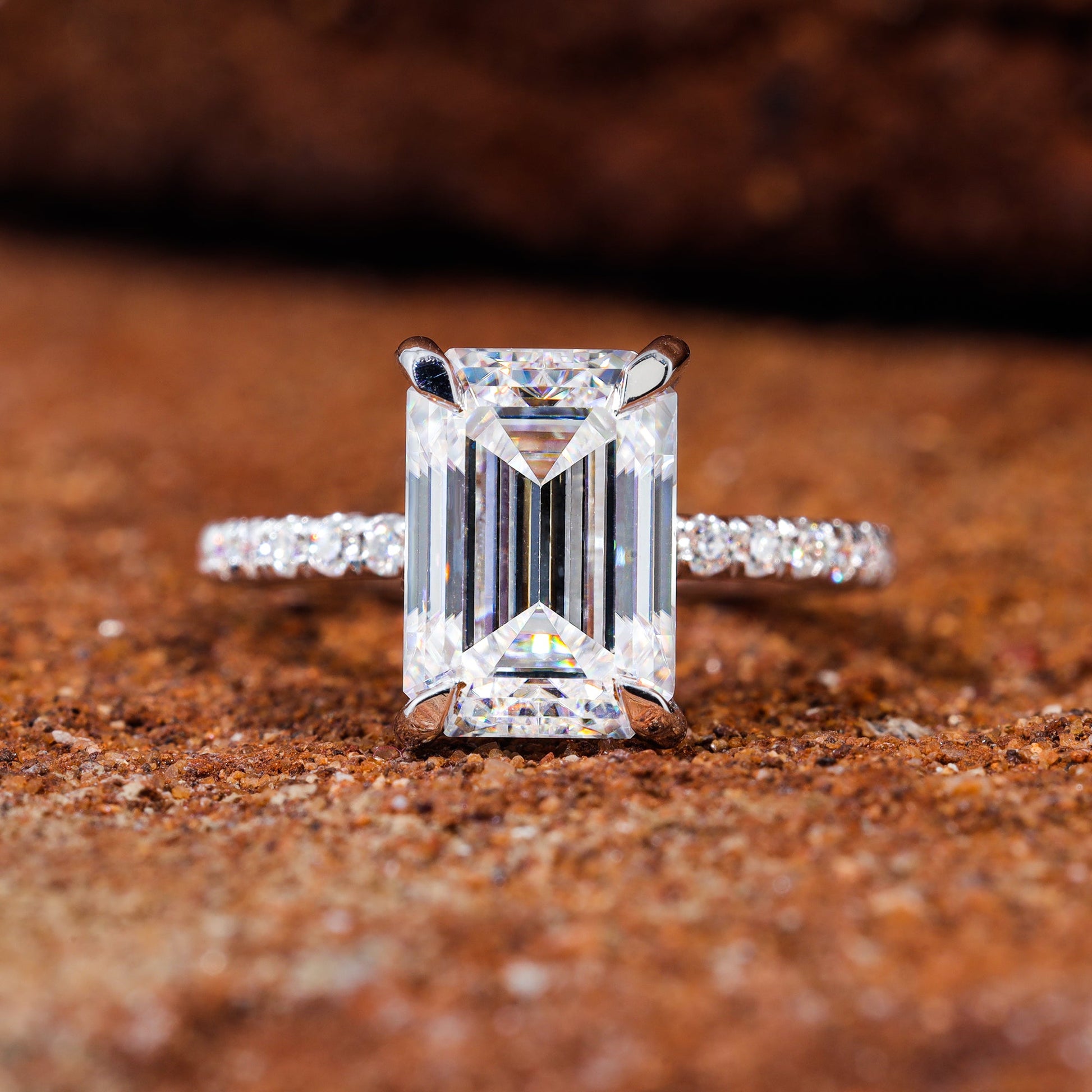 Claw Prongs Set Emerald Cut Moissanite Engagement Ring
