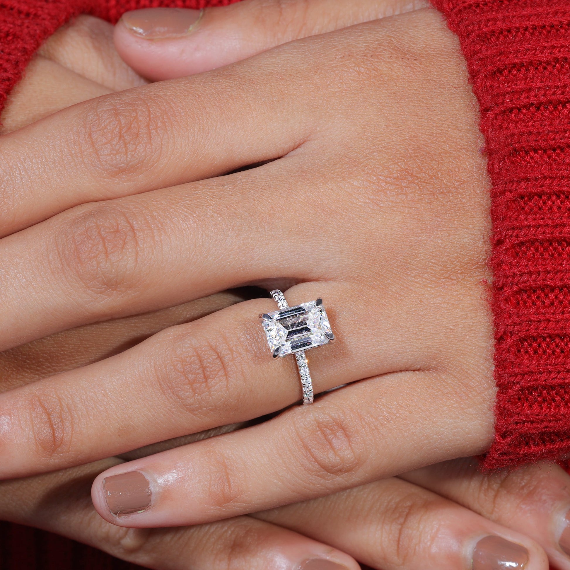 Claw Prongs Set Emerald Cut Moissanite Engagement Ring