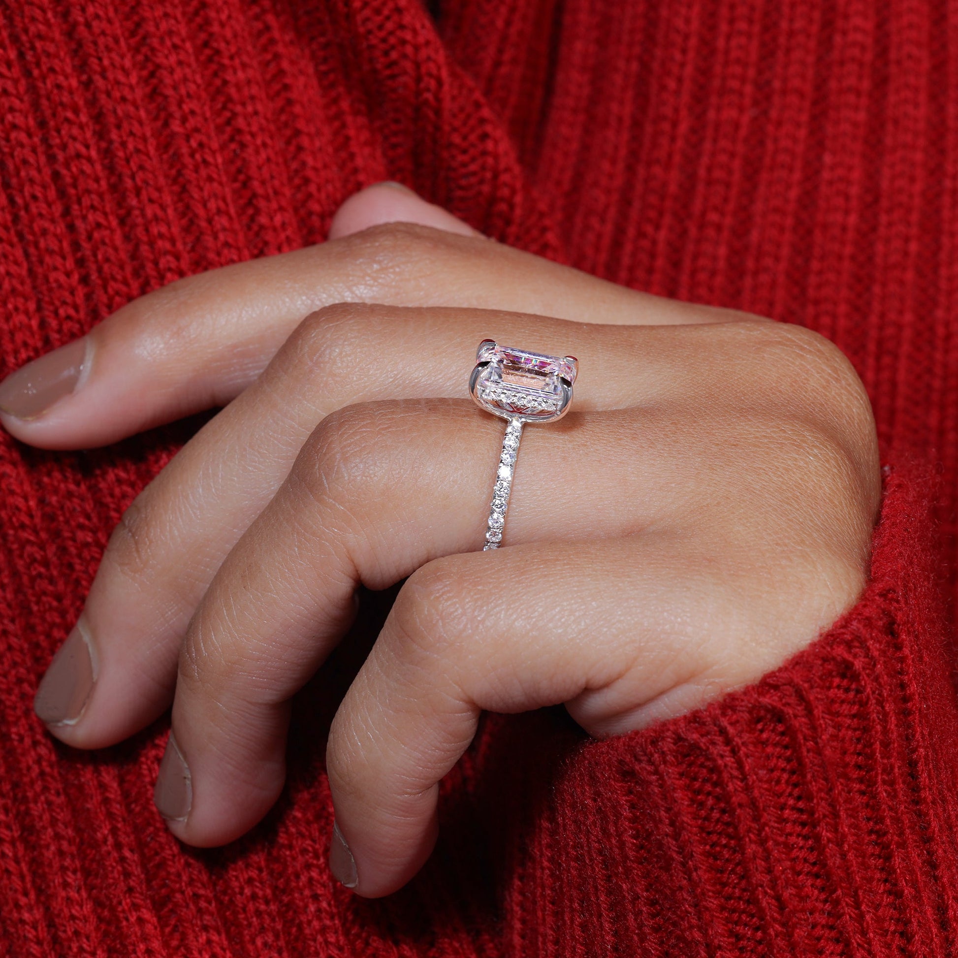 Claw Prongs Set Emerald Cut Moissanite Engagement Ring
