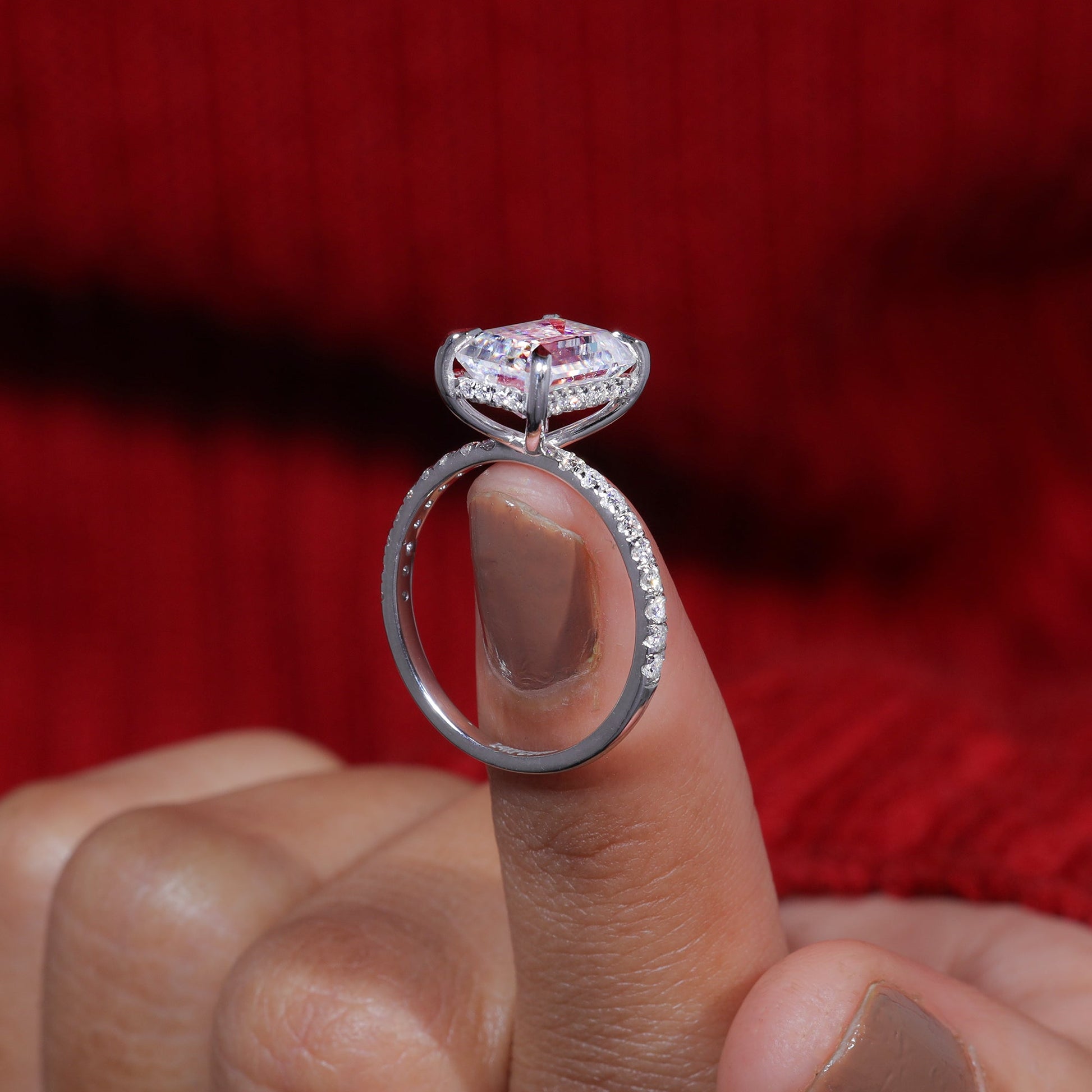 Claw Prongs Set Emerald Cut Moissanite Engagement Ring