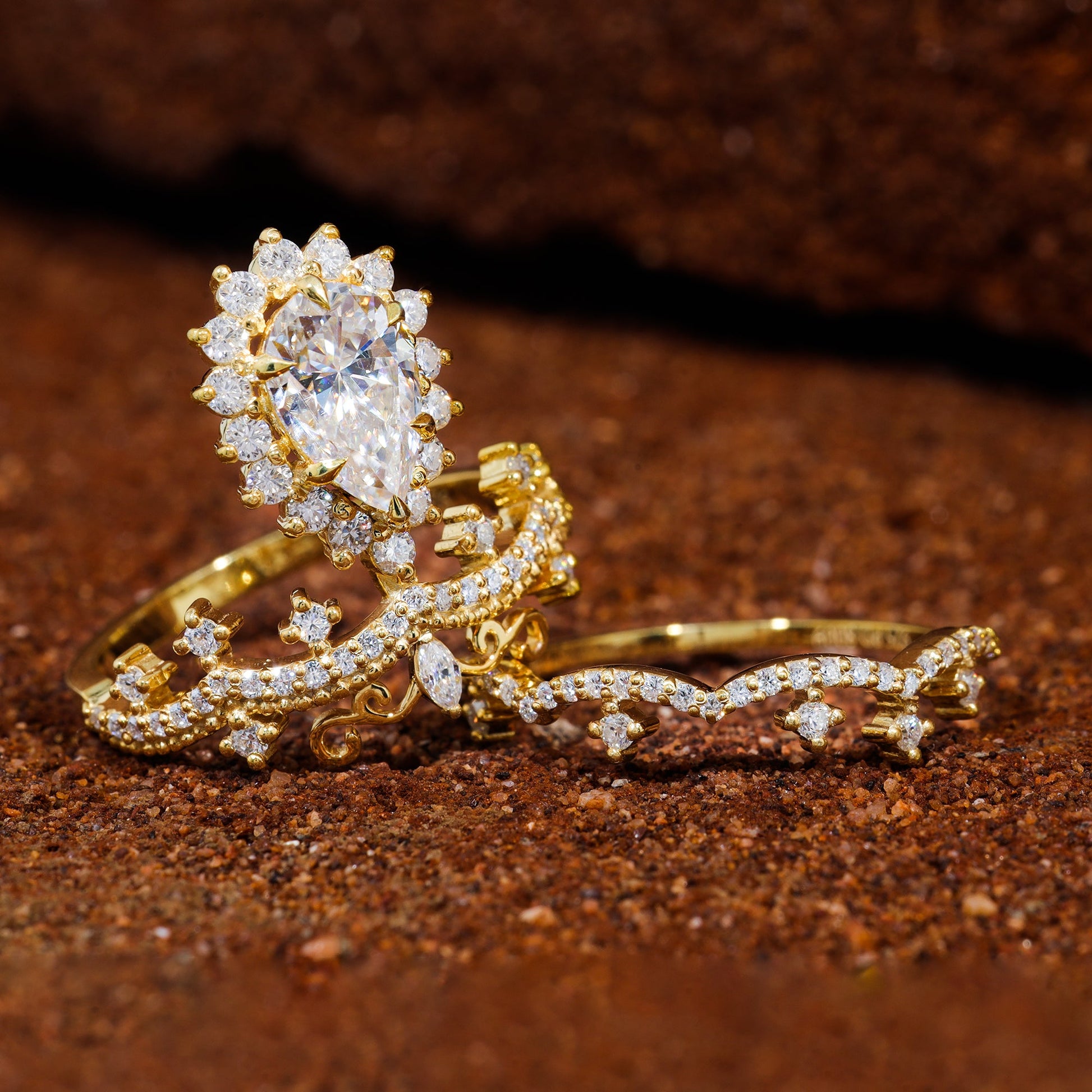 Pear Shape Moissanite Unique Vintage Engagement Ring Set