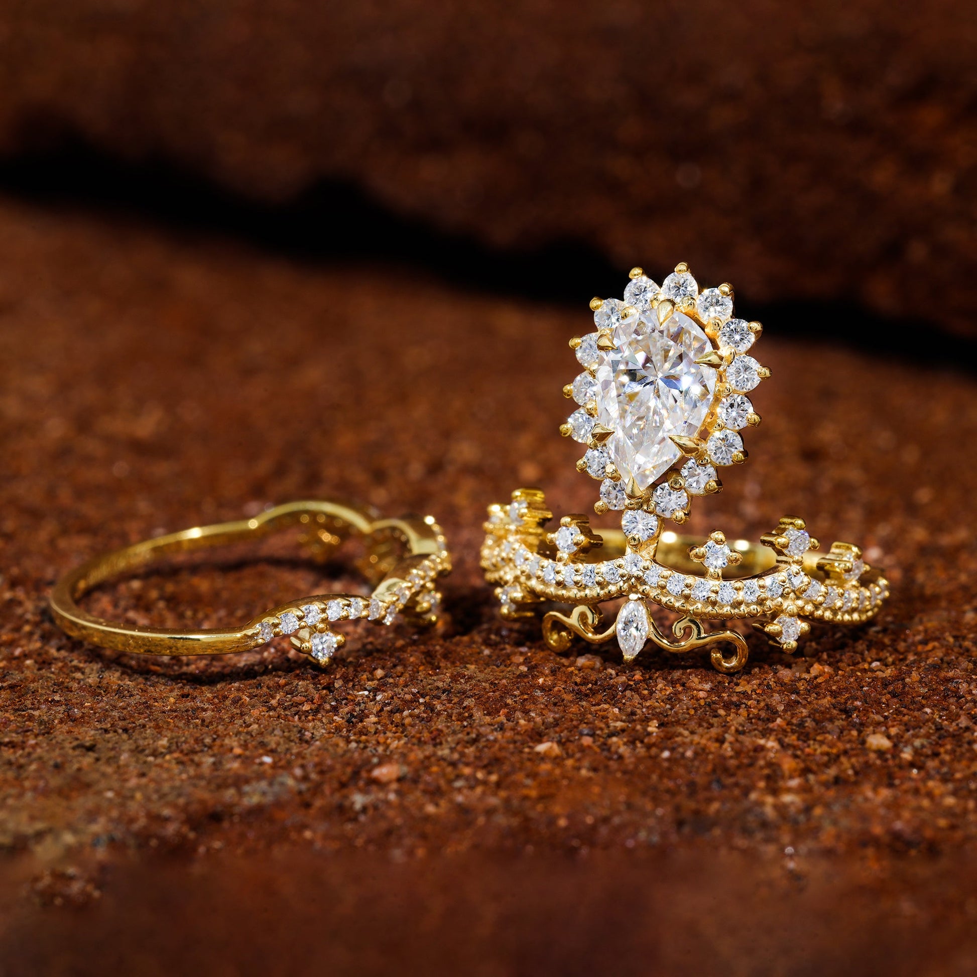 Pear Shape Moissanite Unique Vintage Engagement Ring Set